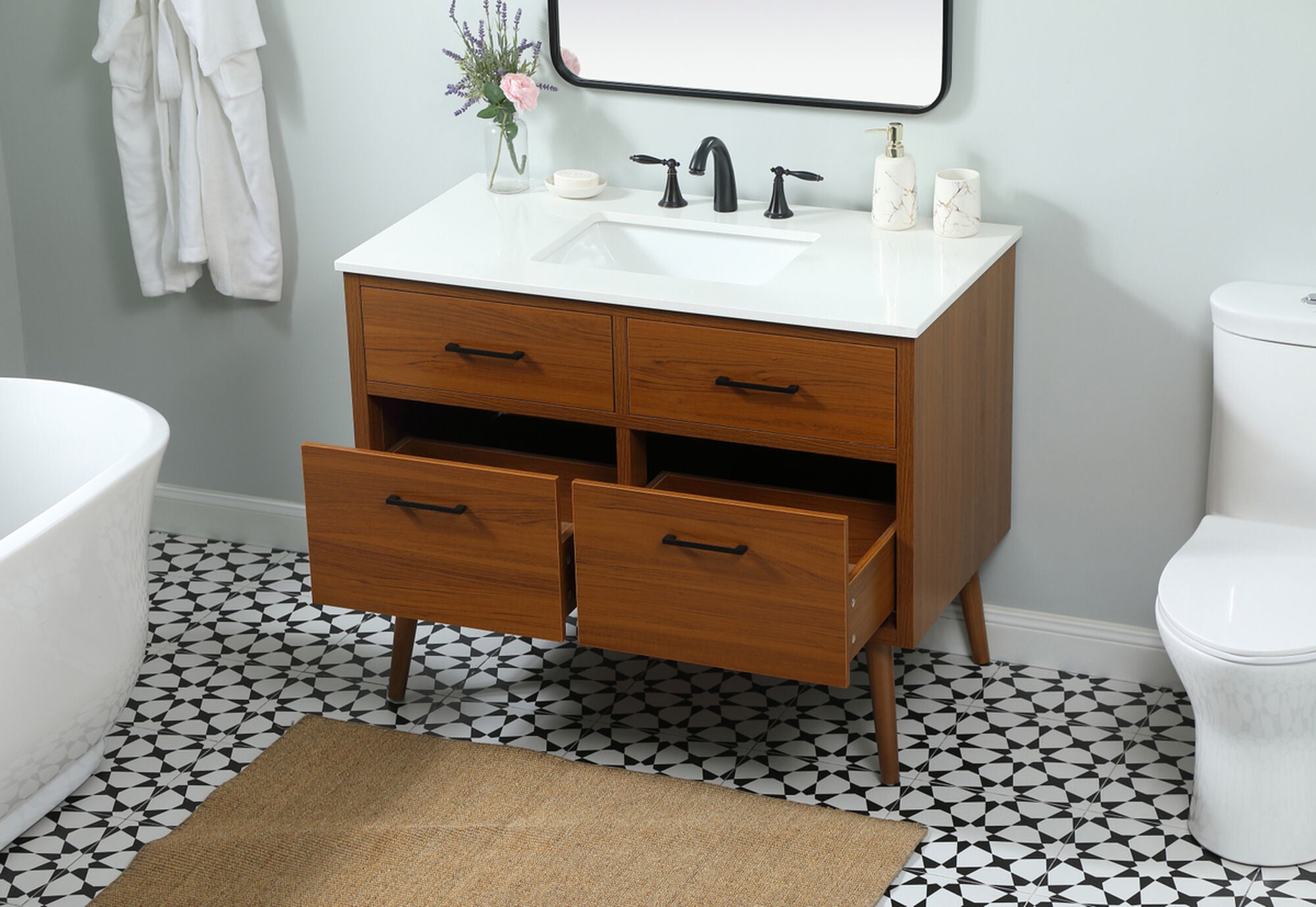 Shown in Teak finish and Without Backsplash accent