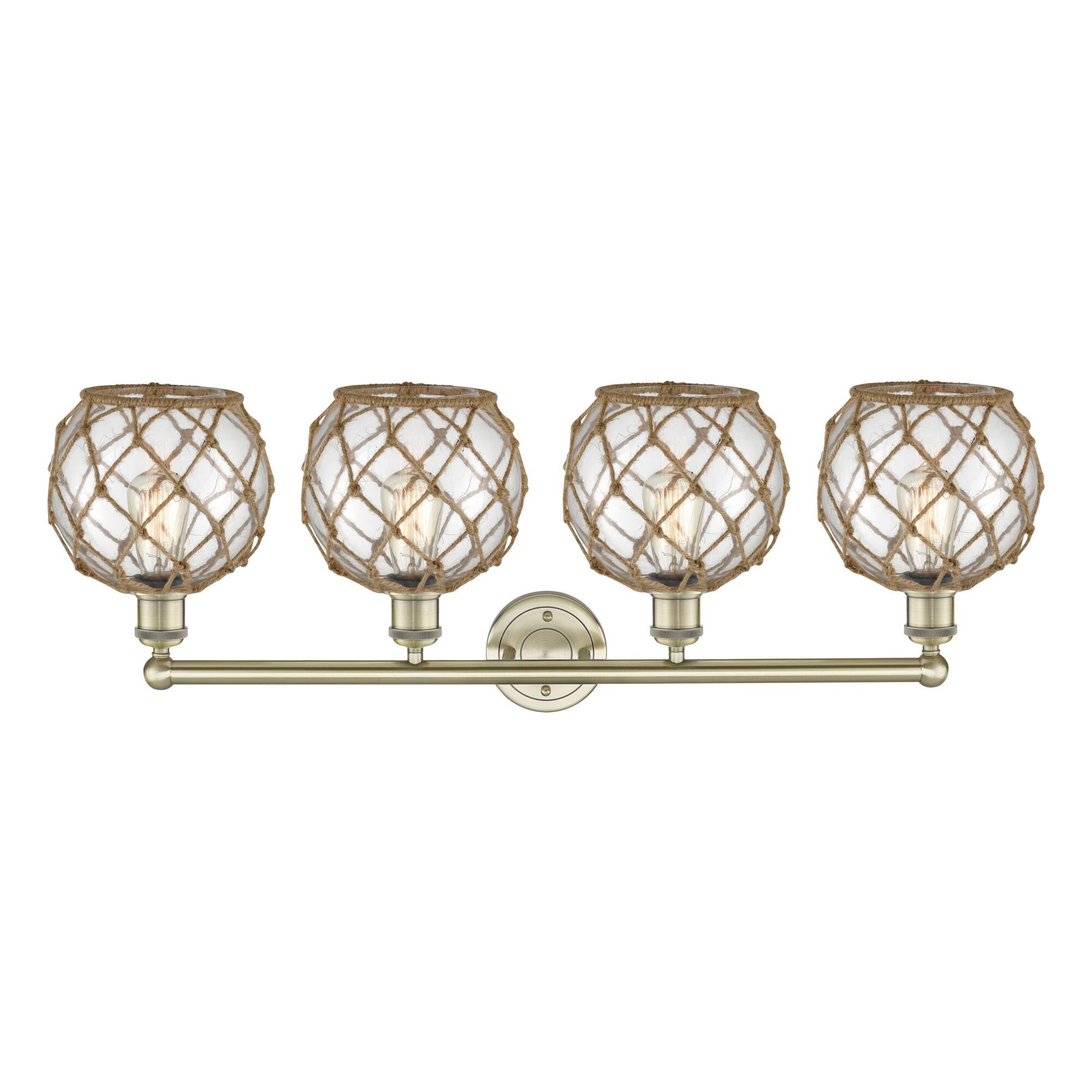 Shown in Antique Brass finish and Clear with Brown Rope glass