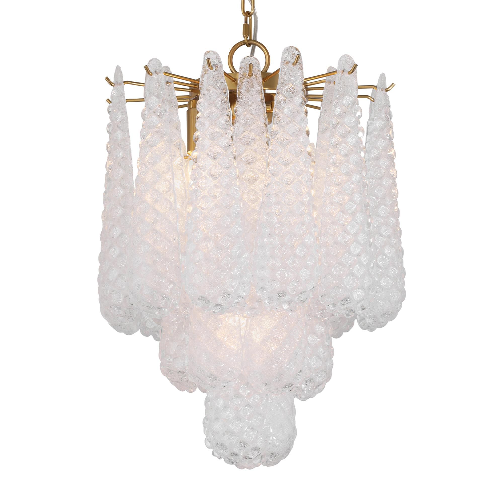 Shown in Aged Brass finish and Sand Clear glass