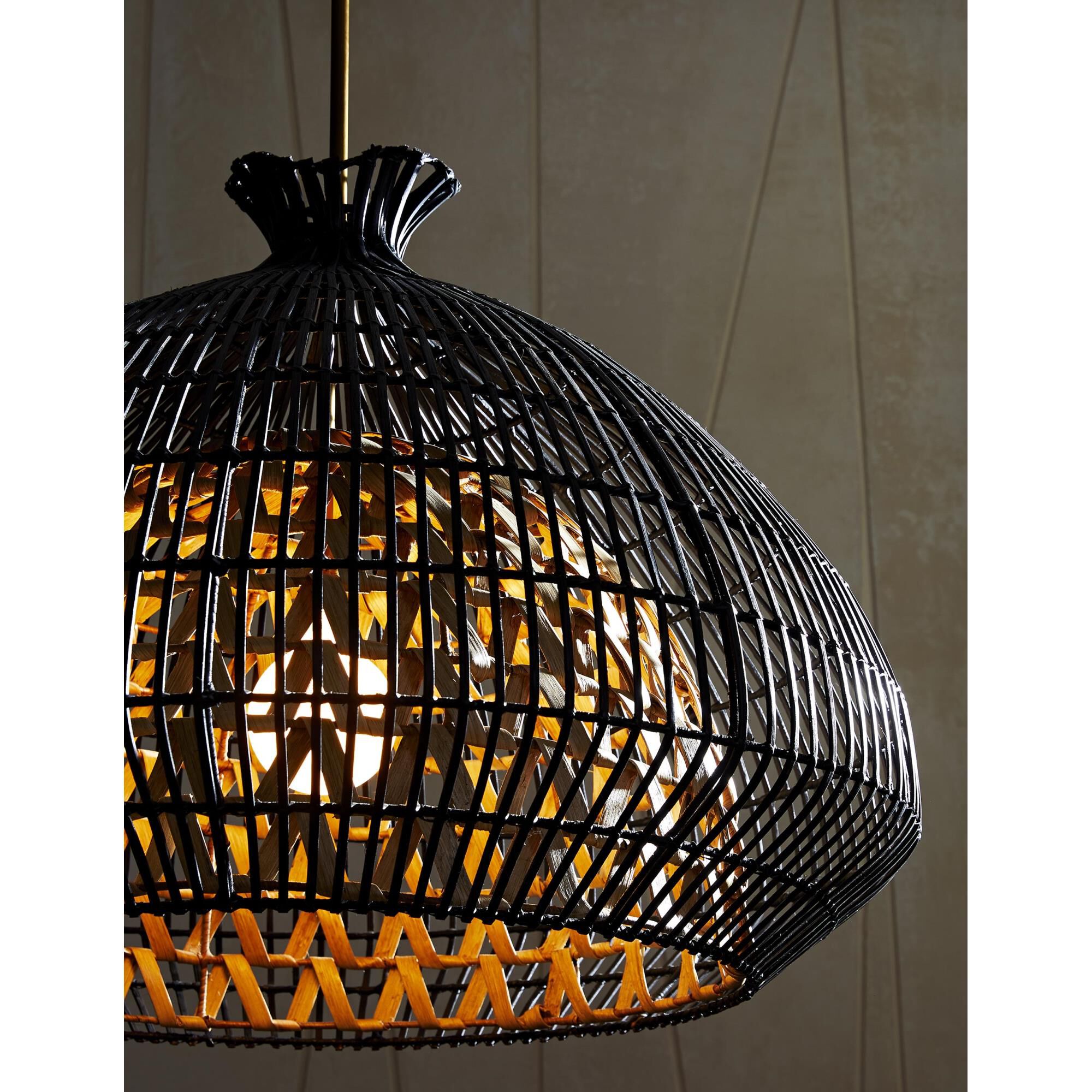 Shown in Antique Brass finish and Black Rattan Outer - Natural Rattan Inner shade