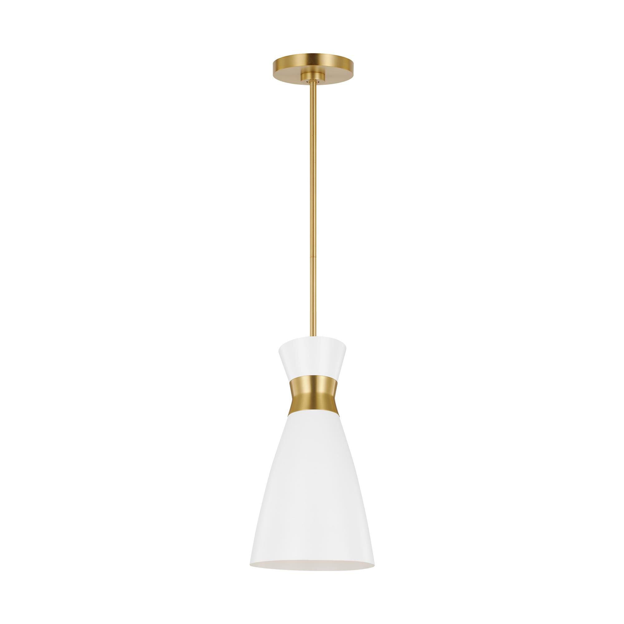 Shown in Burnished Brass finish and Matte White Steel shade