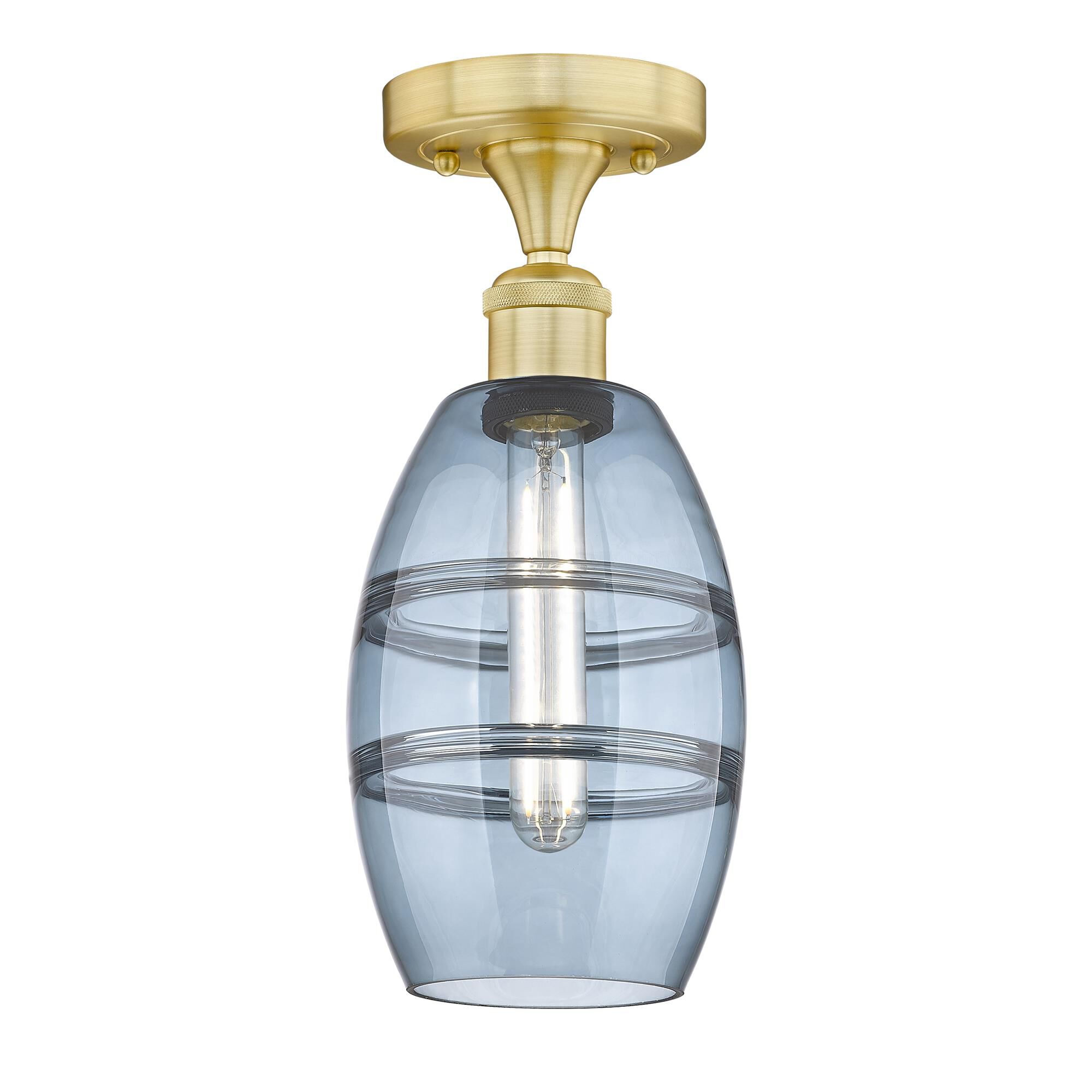 Shown in Satin Gold finish and Princess Blue glass