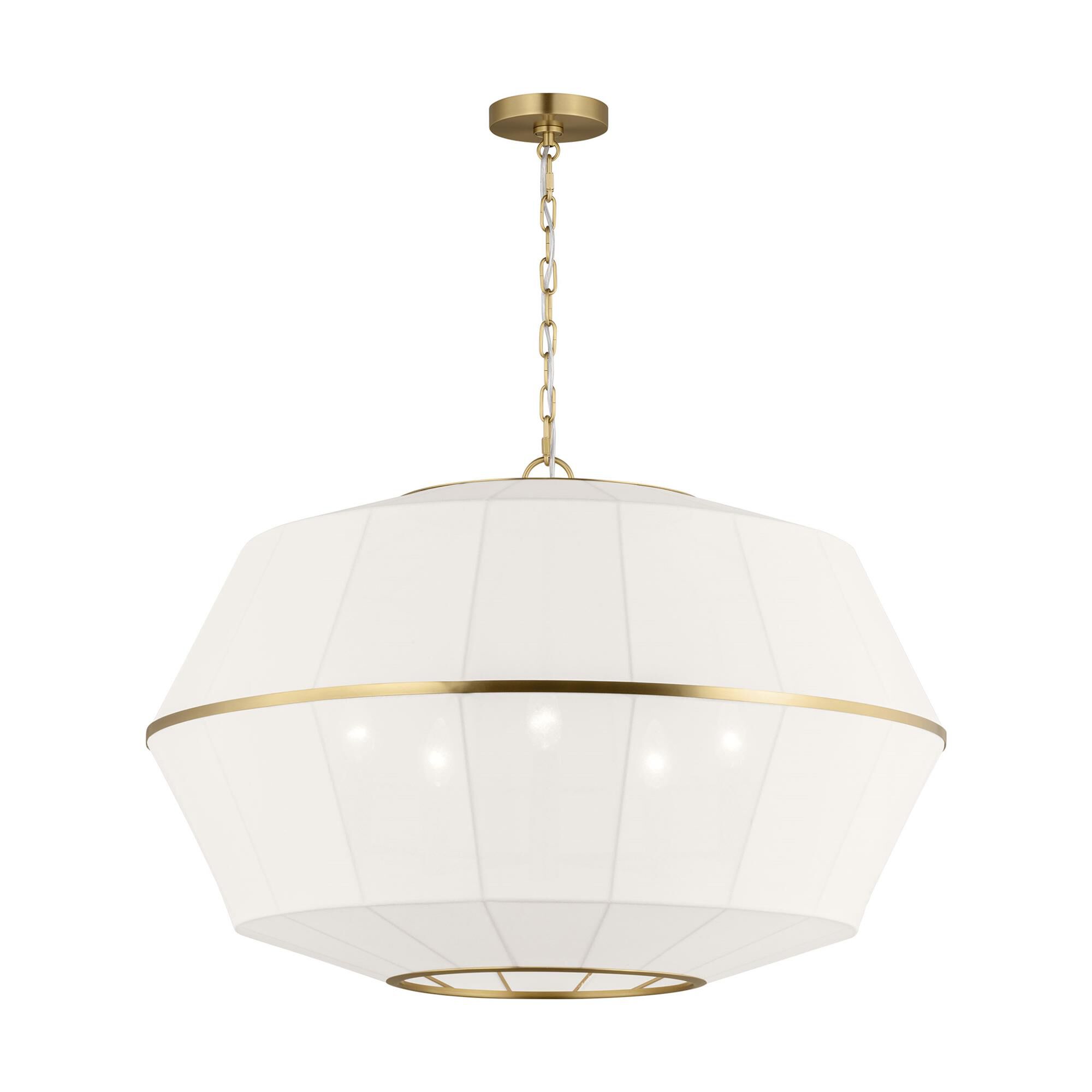 Shown in Burnished Brass finish and White Linen shade