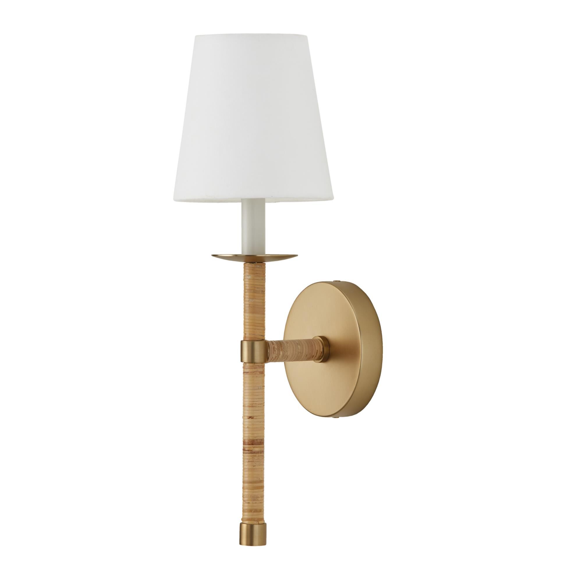 Shown in Matte Brass finish and White Fabric Stay-Straight shade