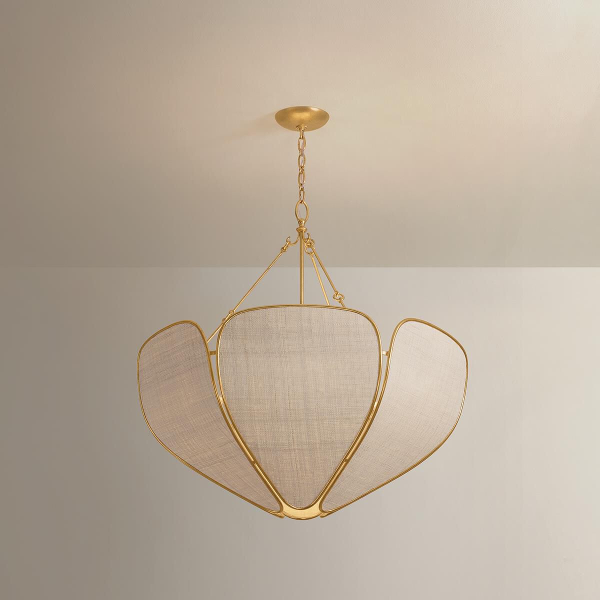 Shown in Vintage Gold Leaf finish and Natural Woven Saguran shade
