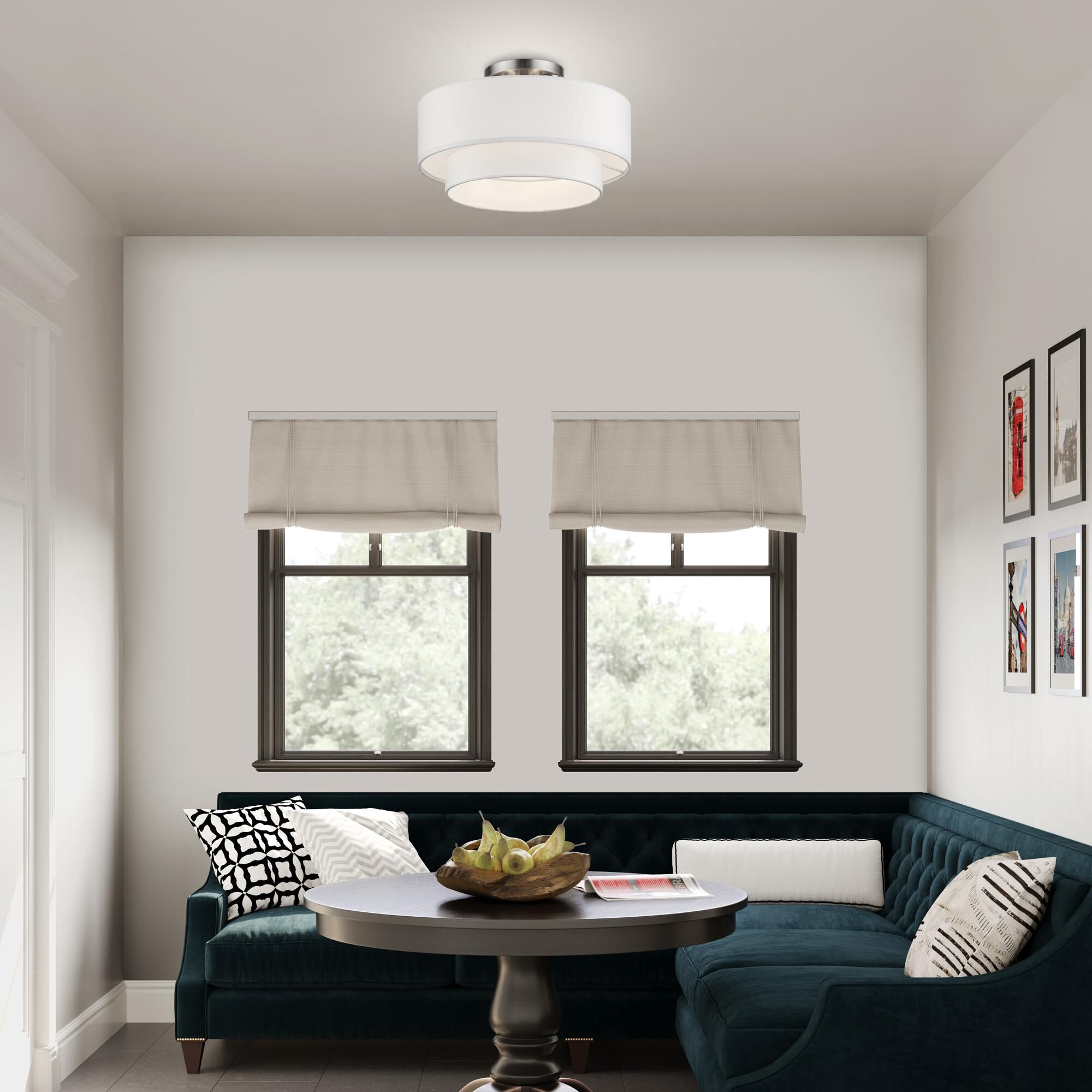 Shown in Brushed Nickel finish and Hand Crafted Off-White Fabric Hardbacks with White Fabric Inside shade