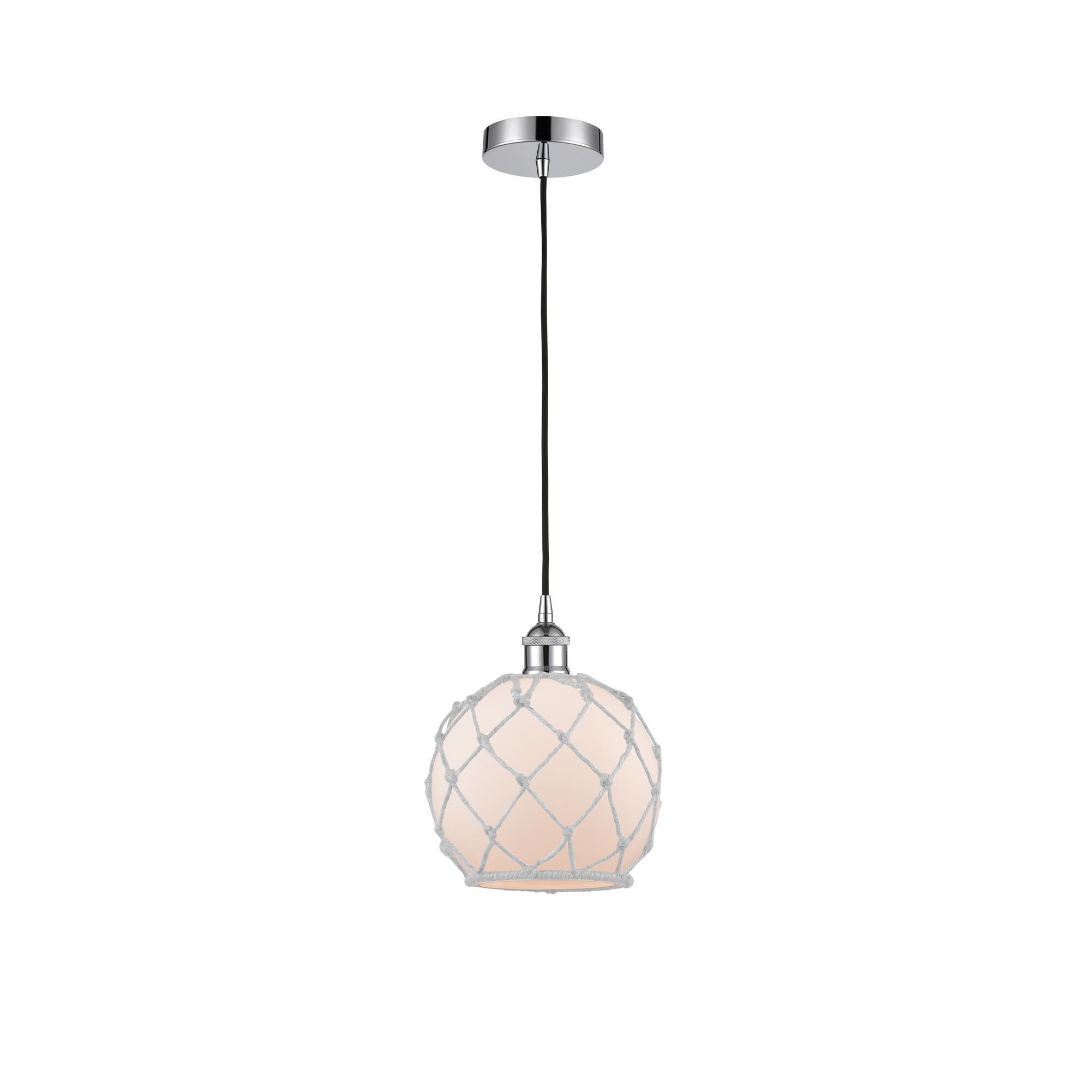 Shown in Polished Chrome finish and White Farmhouse With White Rope glass