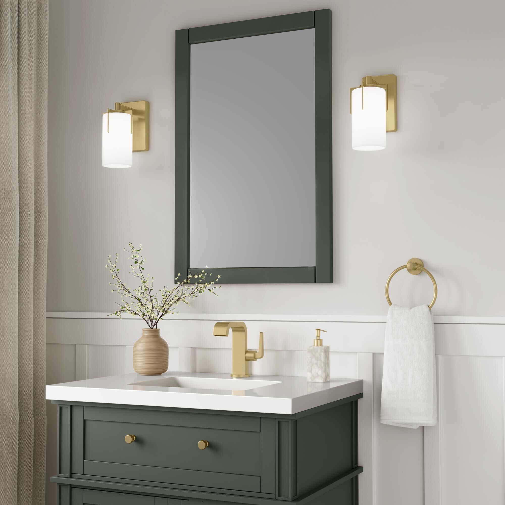 Shown in Vintage Brass finish and White Frosted glass