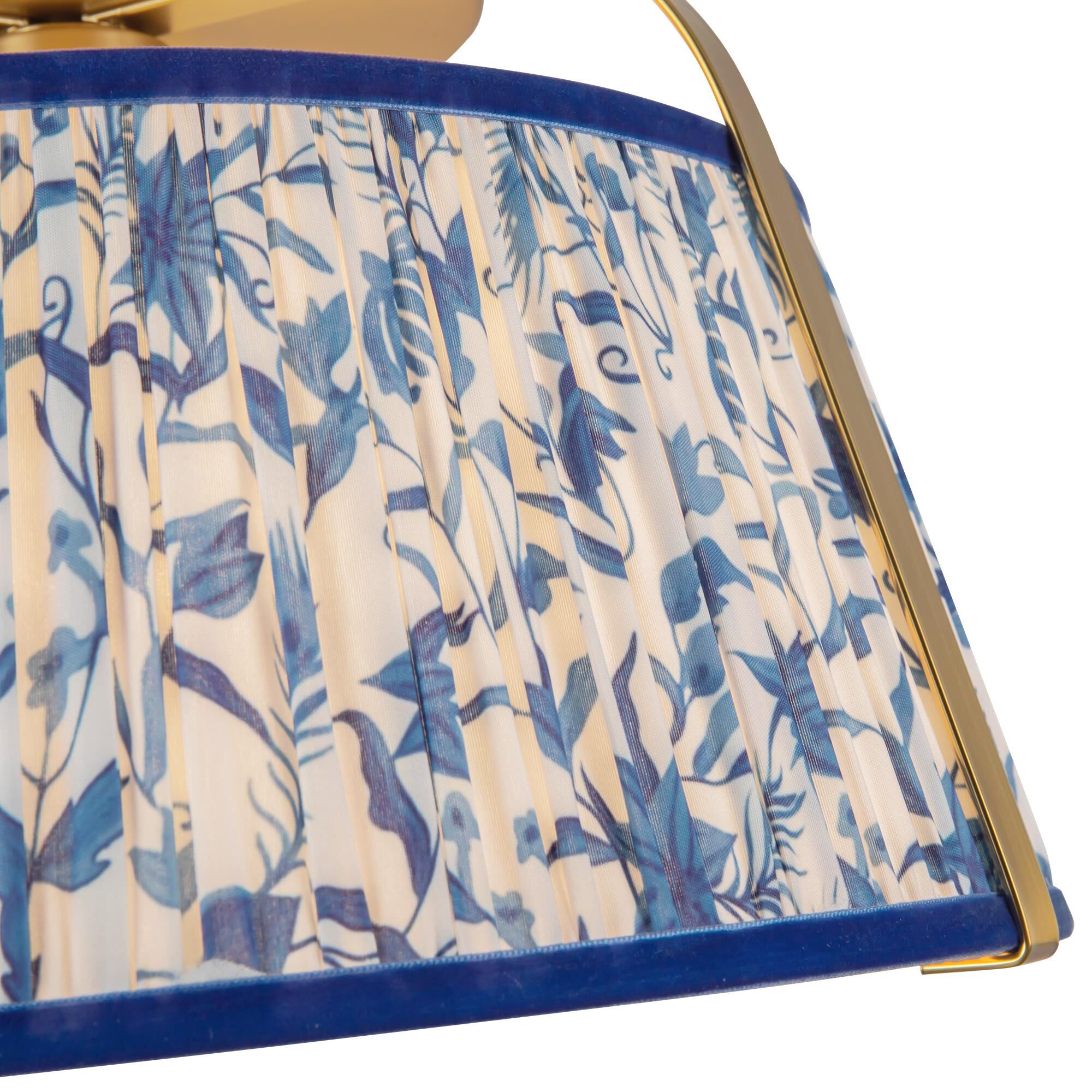 Shown in Brushed Gold finish and Frosted Polycarbonate Diffuser glass and Blue Linen shade