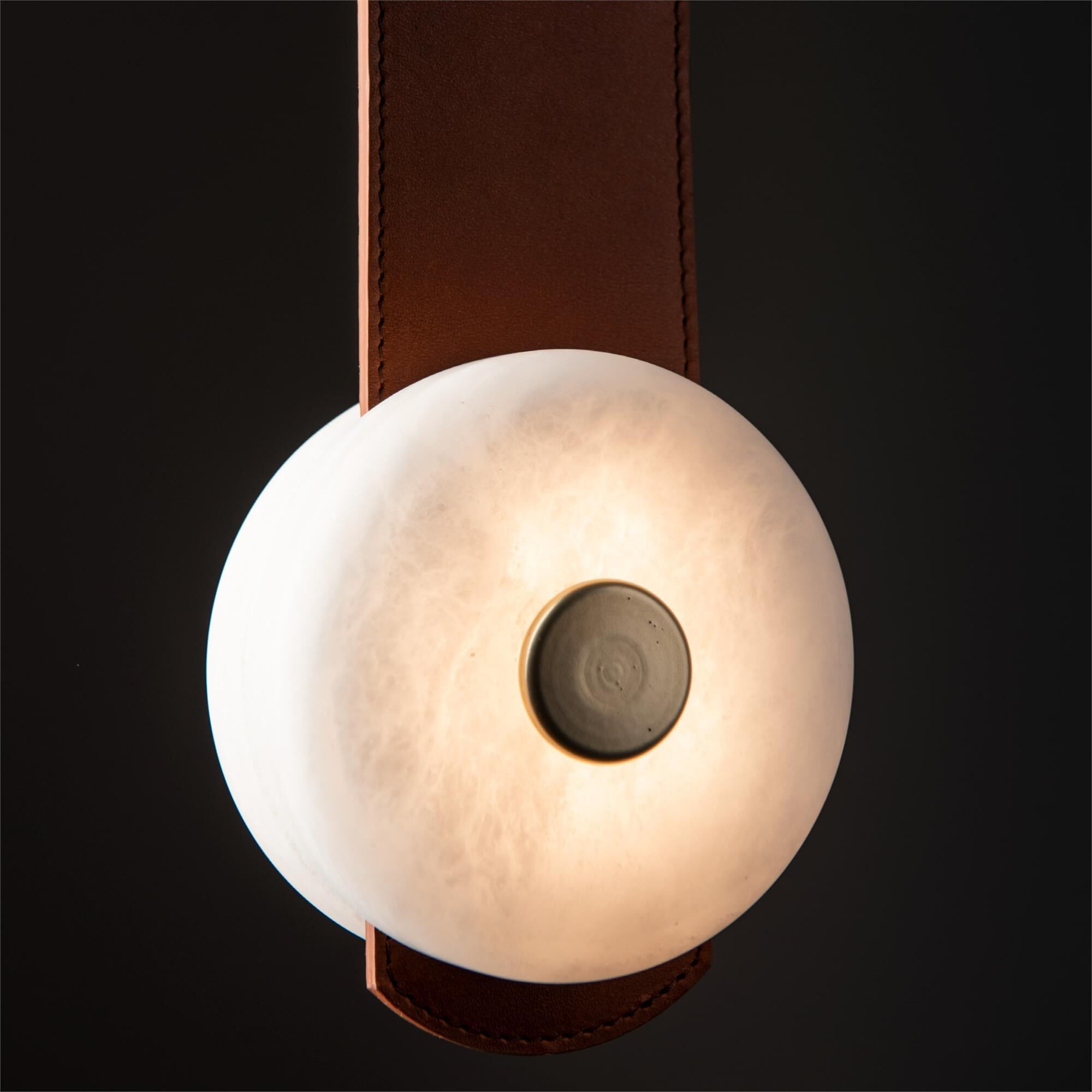 Shown in Modern Brass finish and Alabaster shade and Chestnut accent
