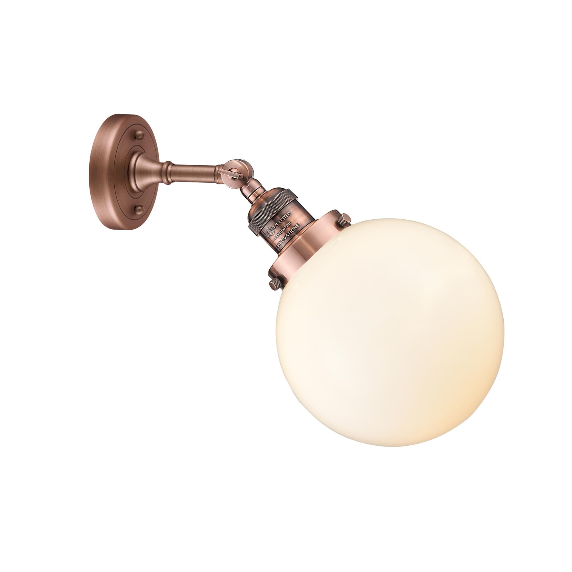 Shown in Antique Copper finish and Matte White Cased glass and No Accent accent