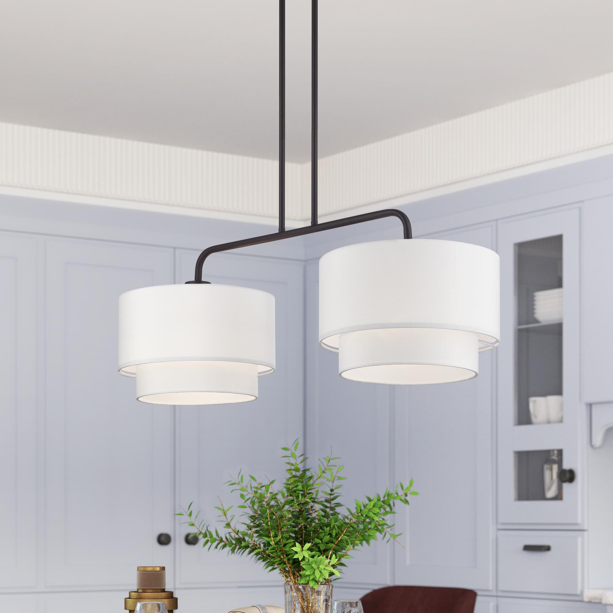 Shown in Bronze finish and Hand Crafted Off-White Fabric Hardbacks with White Fabric Inside shade