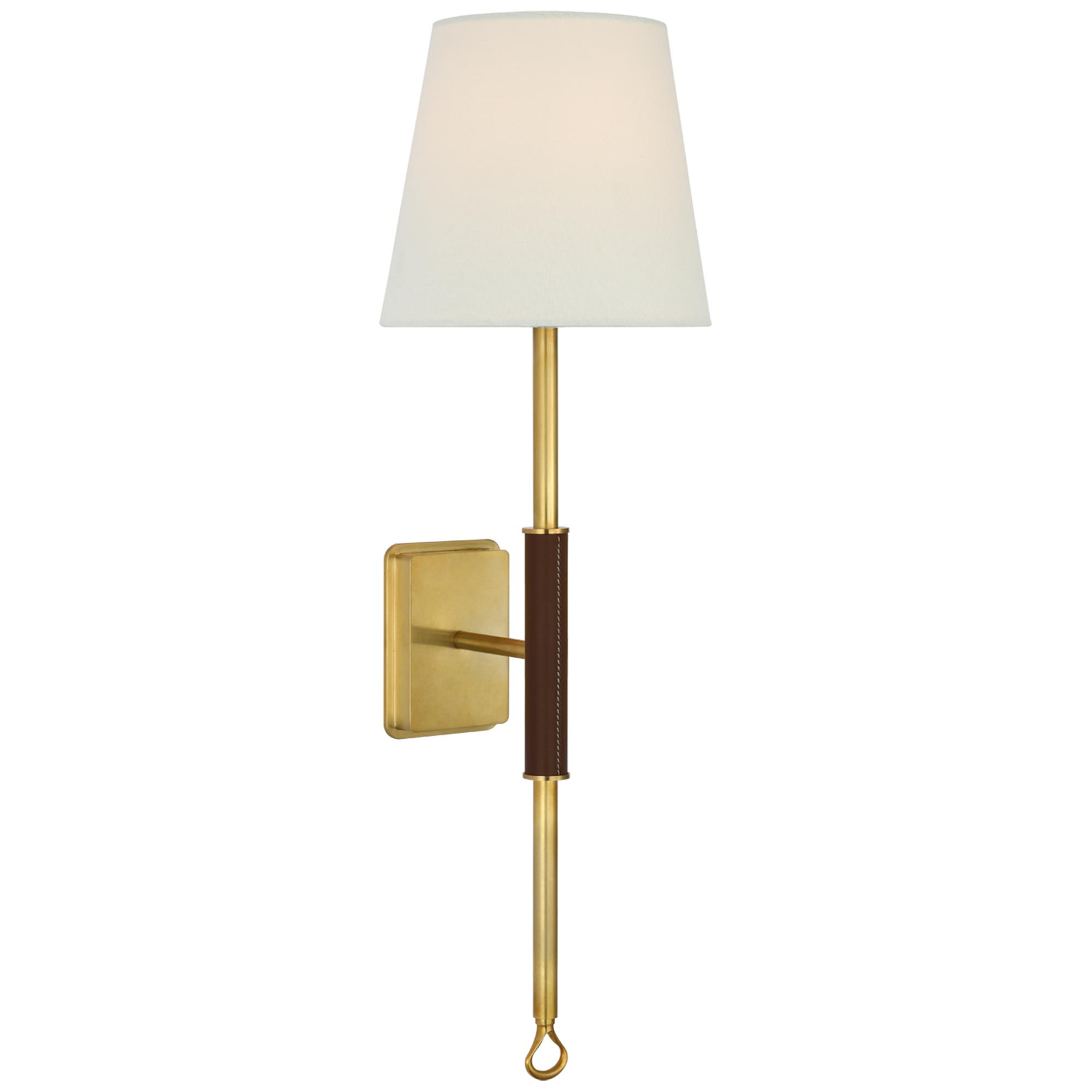 Shown in Hand-Rubbed Antique Brass and Saddle Leather finish and Linen shade