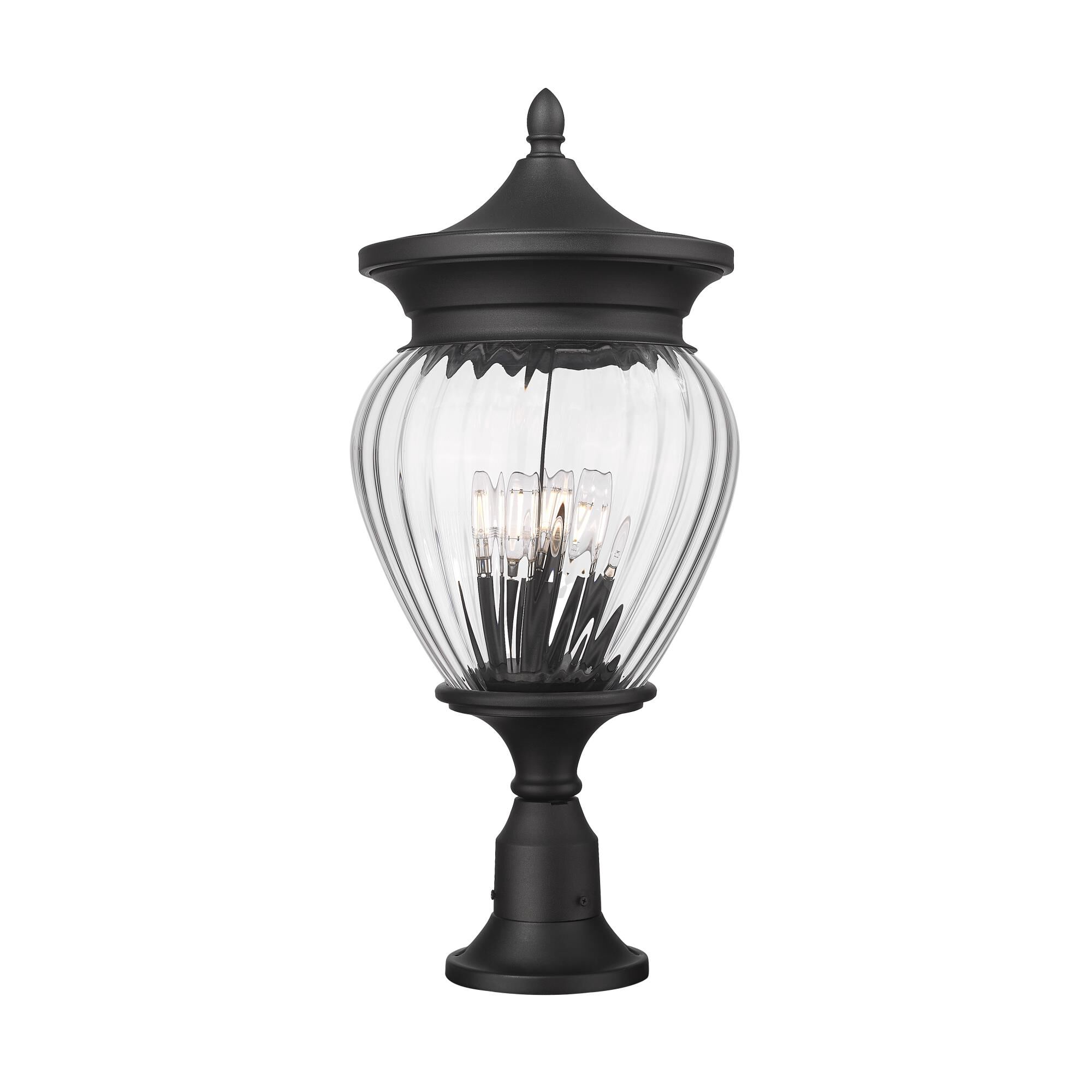 Shown in Black finish and Clear Ribbed glass and Clear Ribbed shade