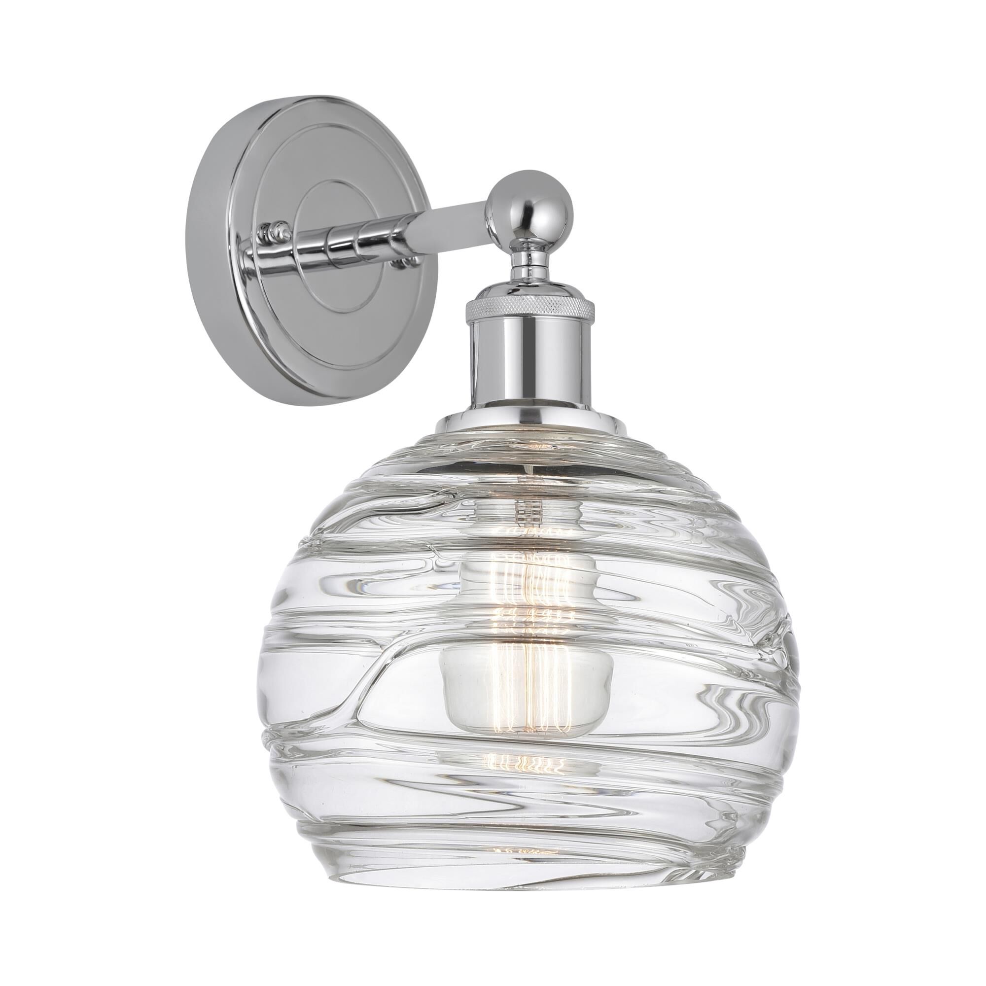 Shown in Polished Chrome finish and Clear Deco Swirl glass