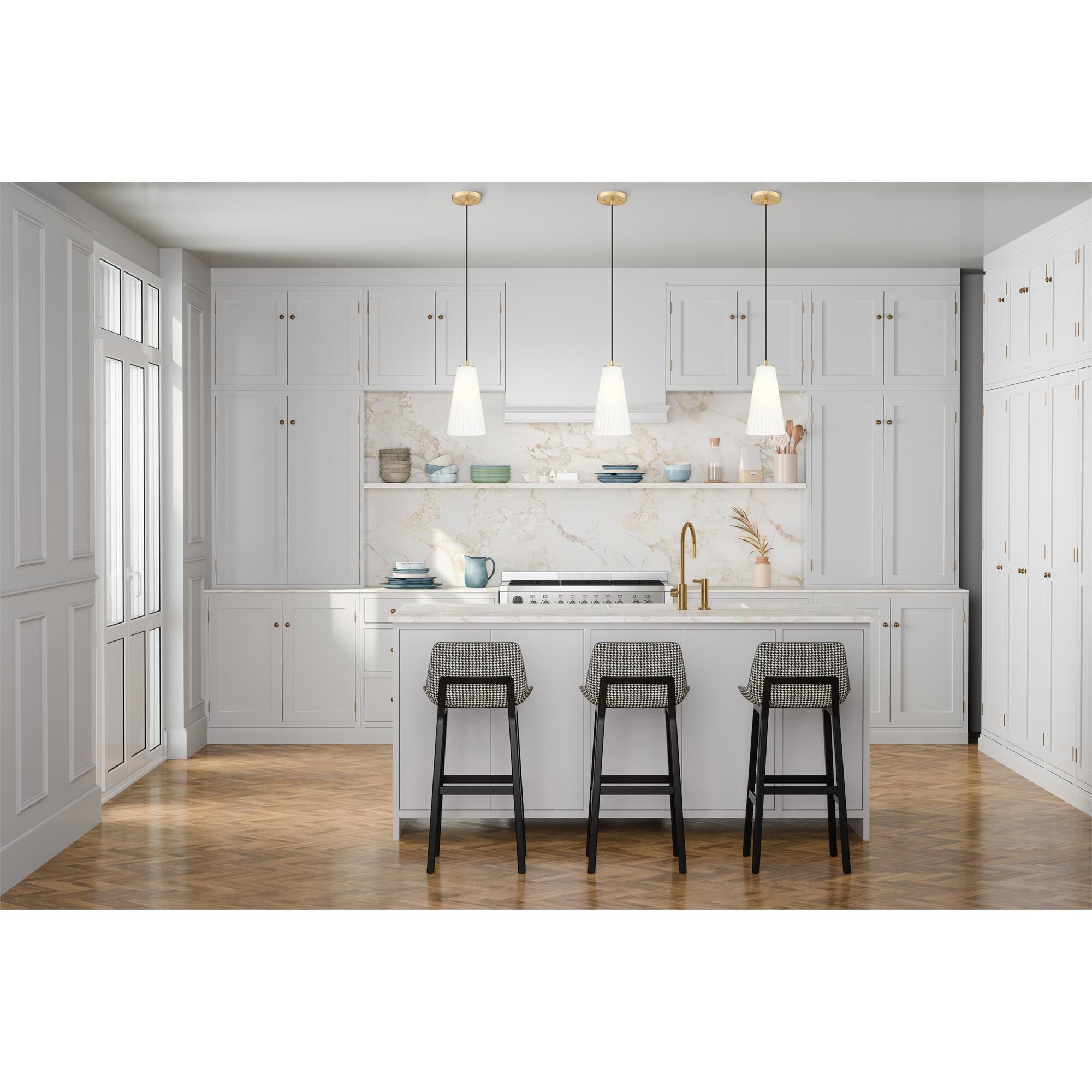 Shown in Modern Gold finish and White glass and White shade