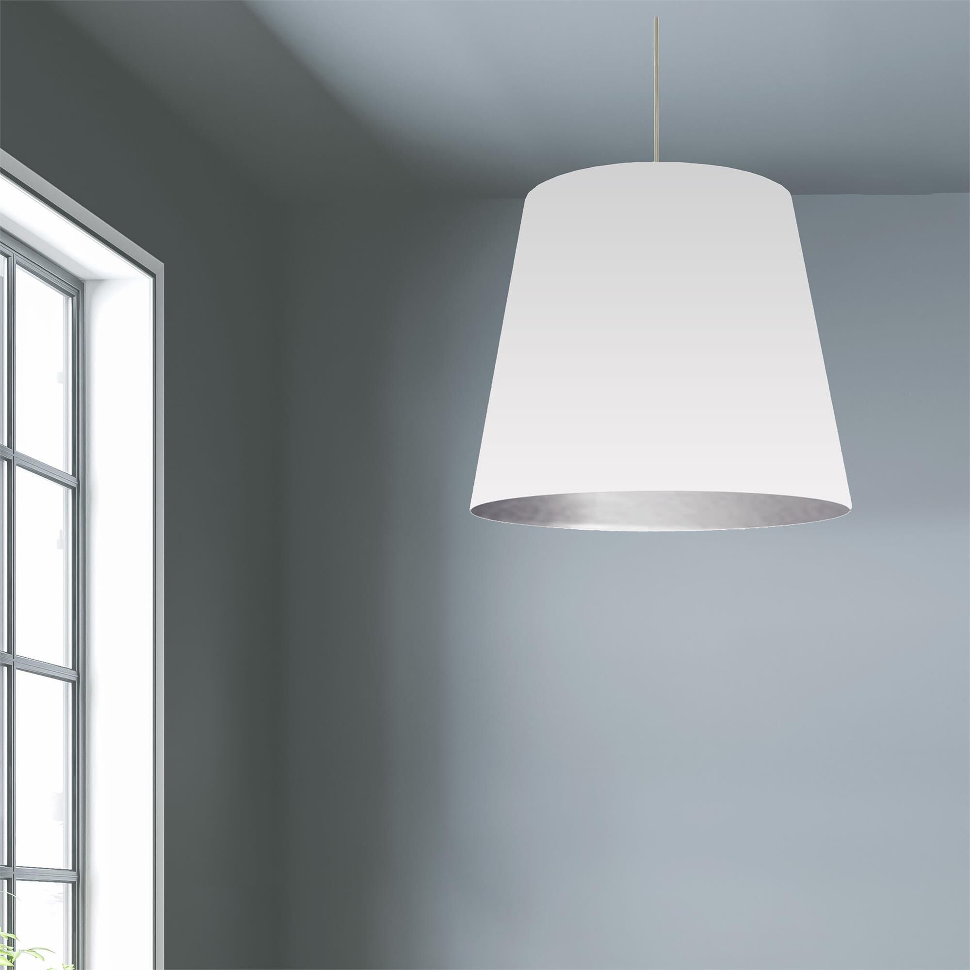 Shown in White and Polished Chrome finish and White and Silver Fabric Drum shade and Polished Chrome accent