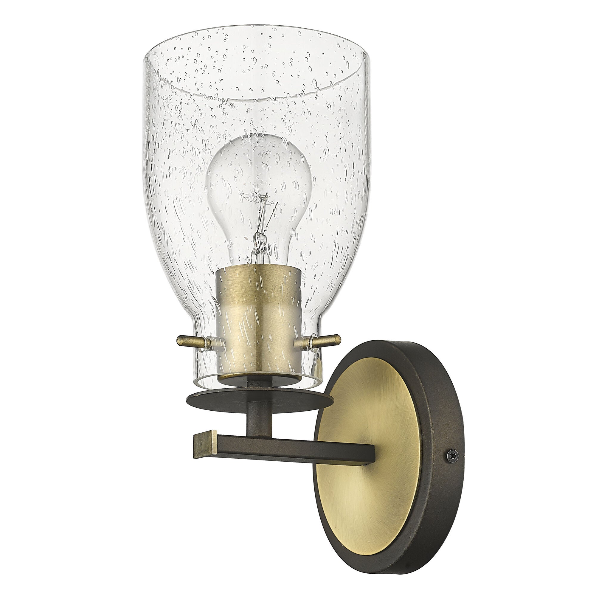 Shown in Oil Rubbed Bronze And Antique Brass finish and Clear Seedy Glass shade