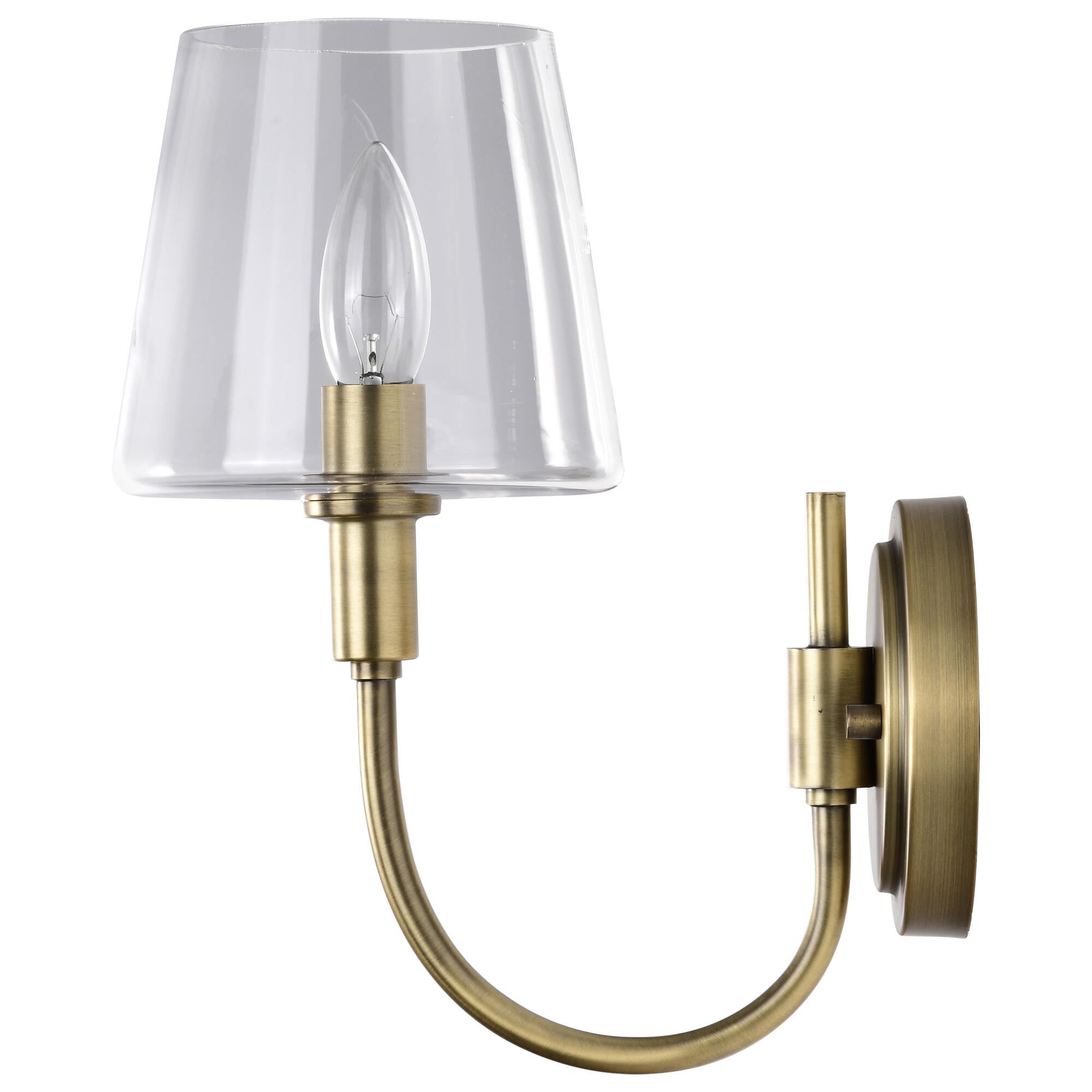 Shown in Vintage Brass finish and Clear glass and Glass shade
