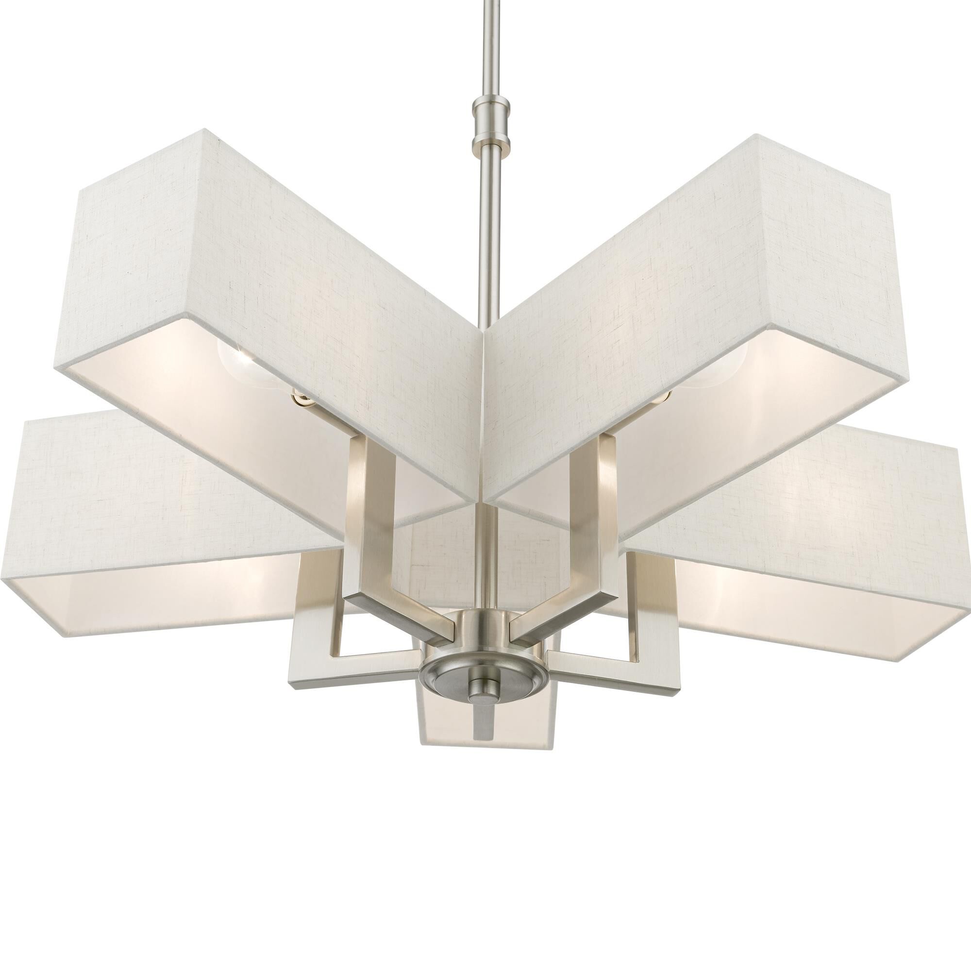 Shown in Brushed Nickel finish and Hand Crafted Oatmeal Color Hardback Fabric With White Fabric Inside shade