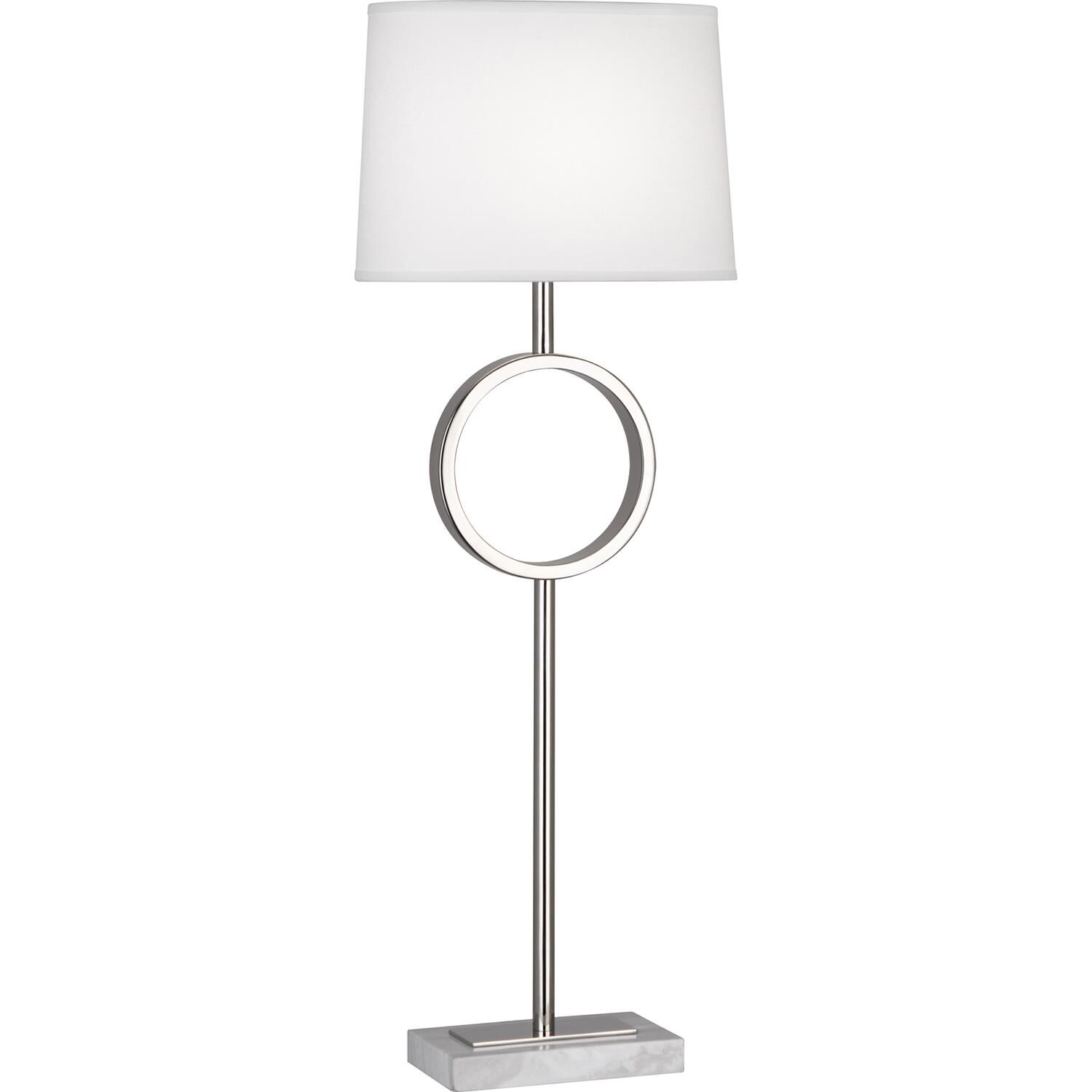 Shown in Polished Nickel  finish and Oval Ascot White Fabric shade