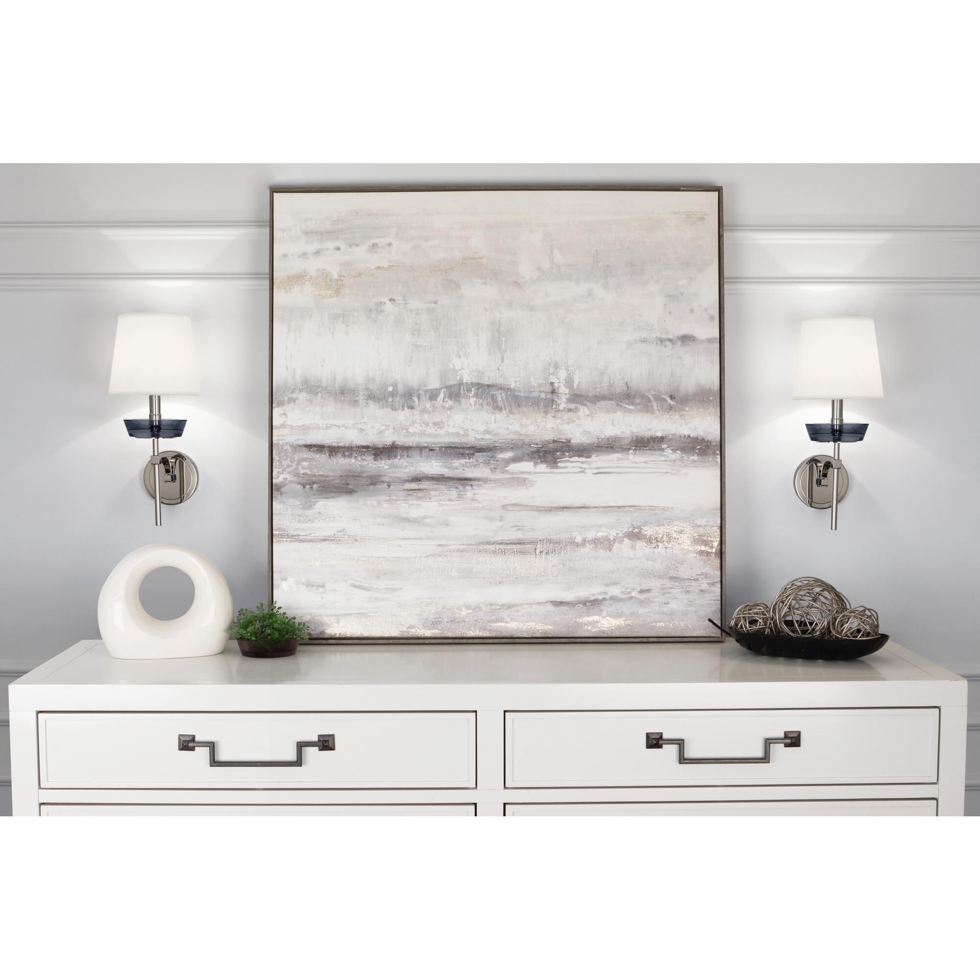 Shown in Polished Nickel finish and White shade and Smoke Crystal accent