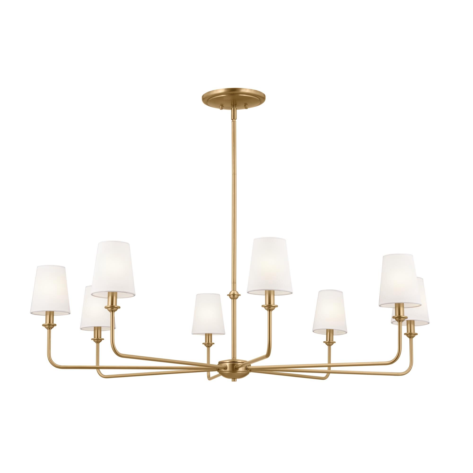 Shown in Brushed Natural Brass finish and Fabric and Bell shade
