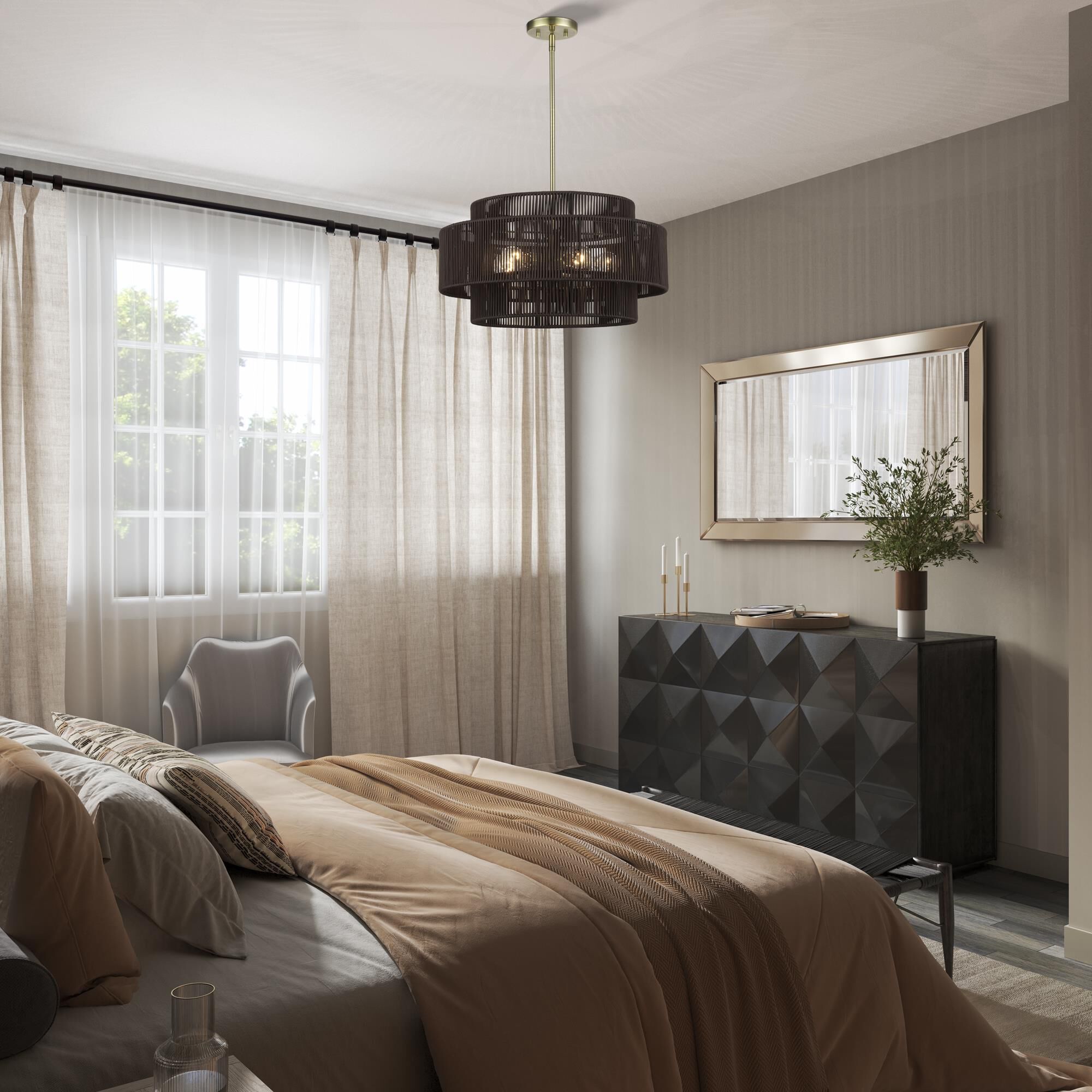 Shown in Antique Brass finish and Hand-Woven Dark Chocolate Color Polyester Rope shade