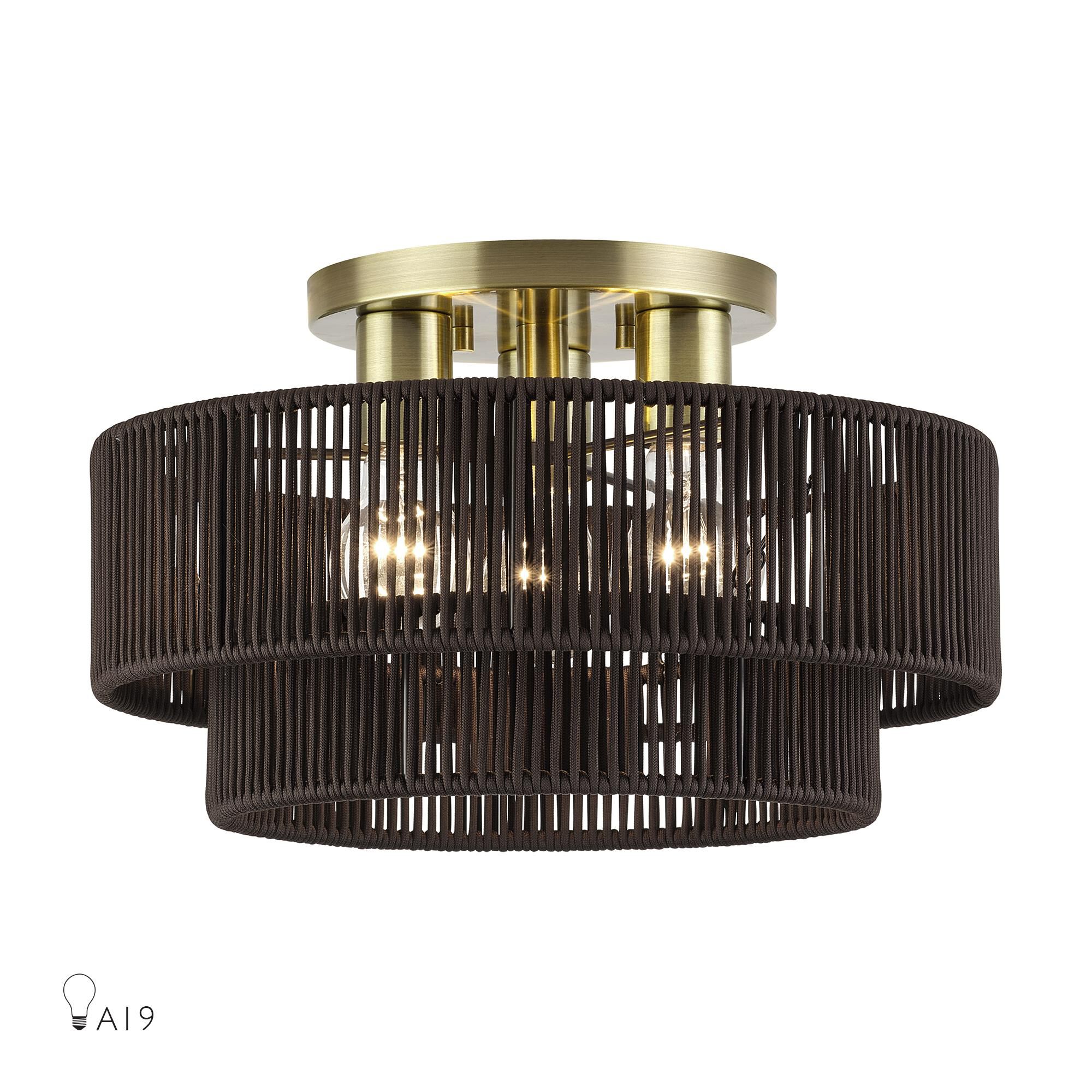 Shown in Antique Brass finish and Hand-Woven Dark Chocolate Color Polyester Rope shade