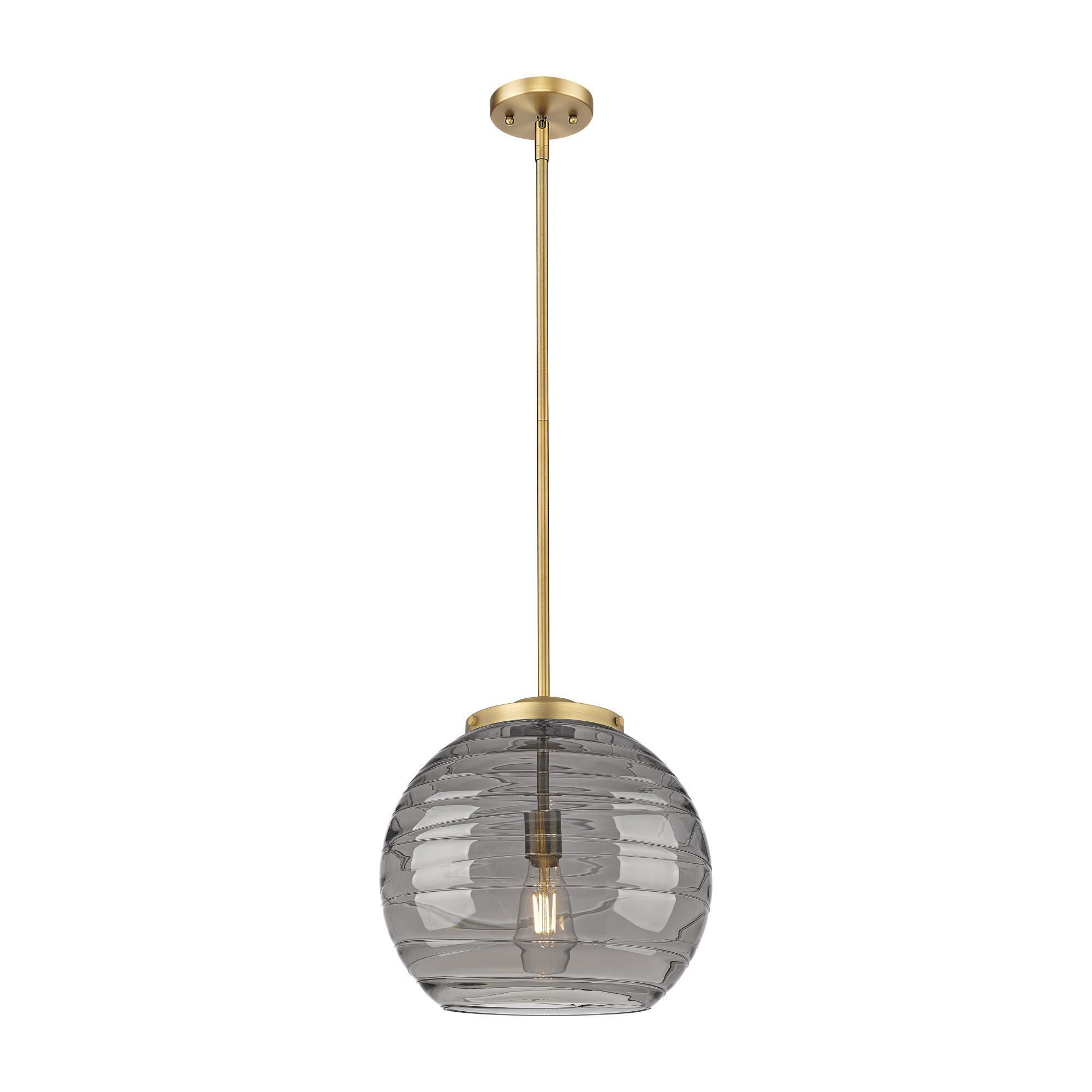 Shown in Brushed Brass finish and Light Smoke Deco Swirl glass
