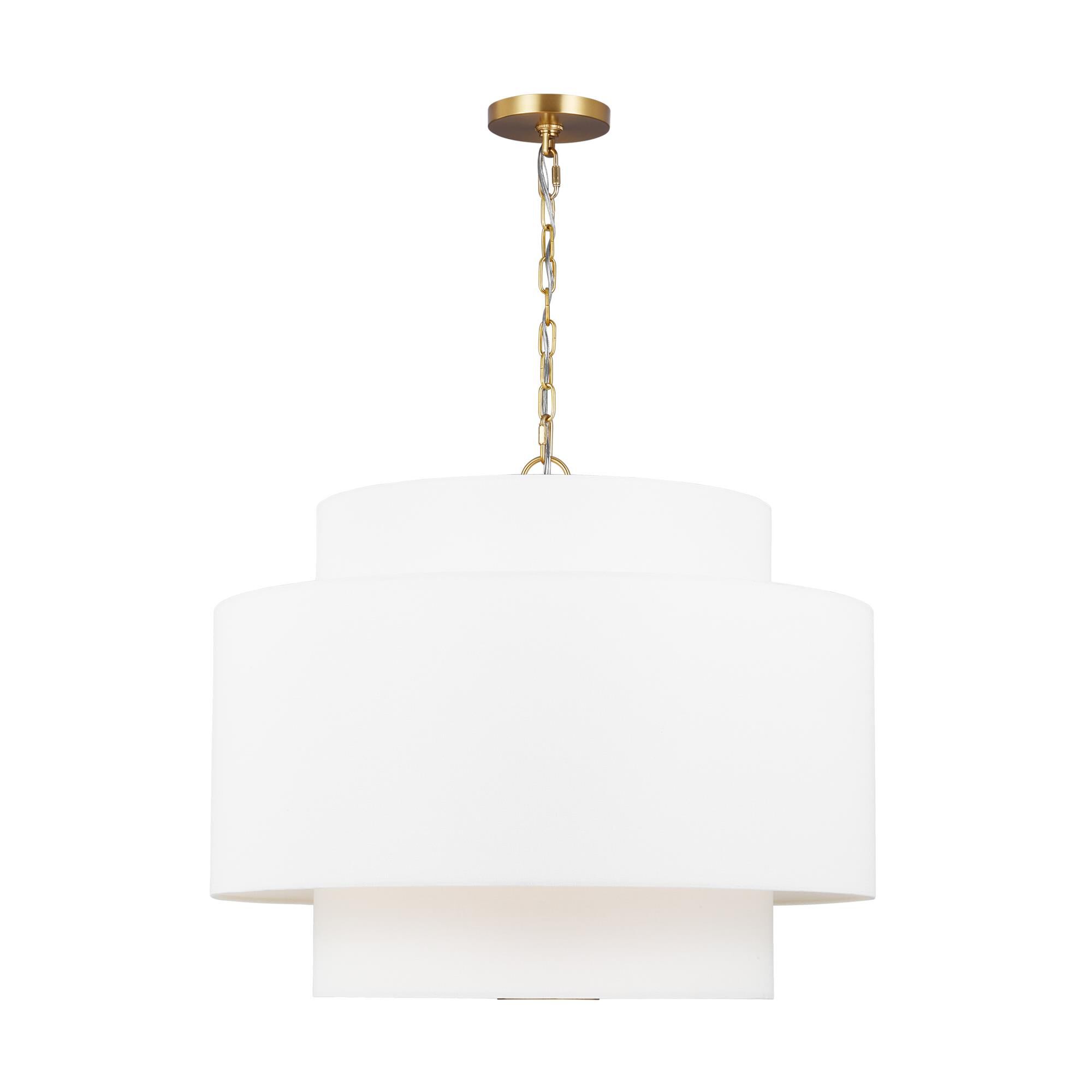 Shown in Burnished Brass finish and White Linen Fabric shade