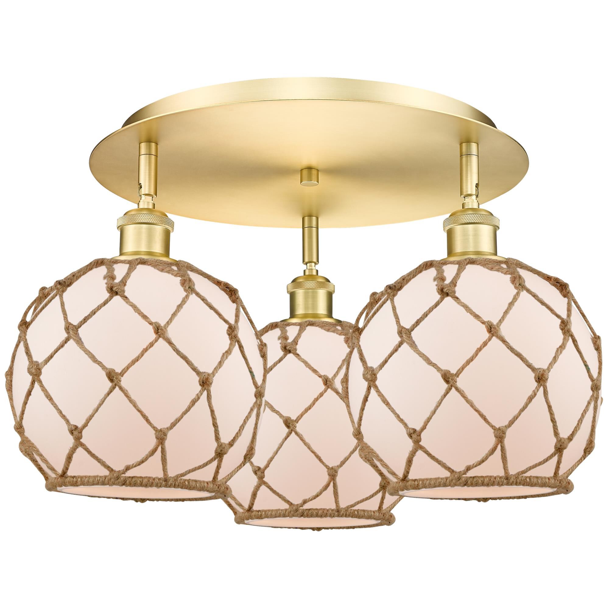 Shown in Satin Gold finish and White with Brown Rope glass