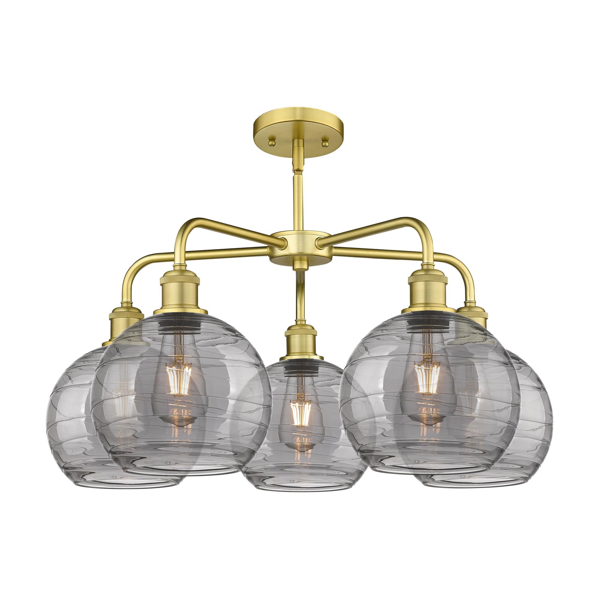 Shown in Satin Gold finish and Light Smoke Deco Swirl glass