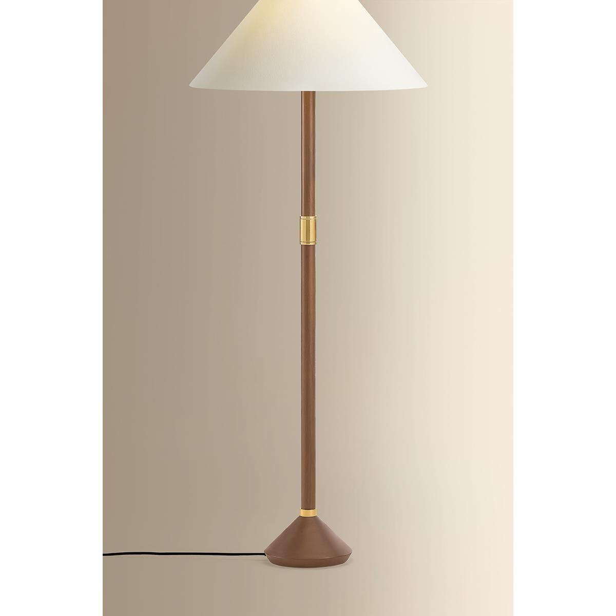Shown in Aged Brass finish and White Linen shade