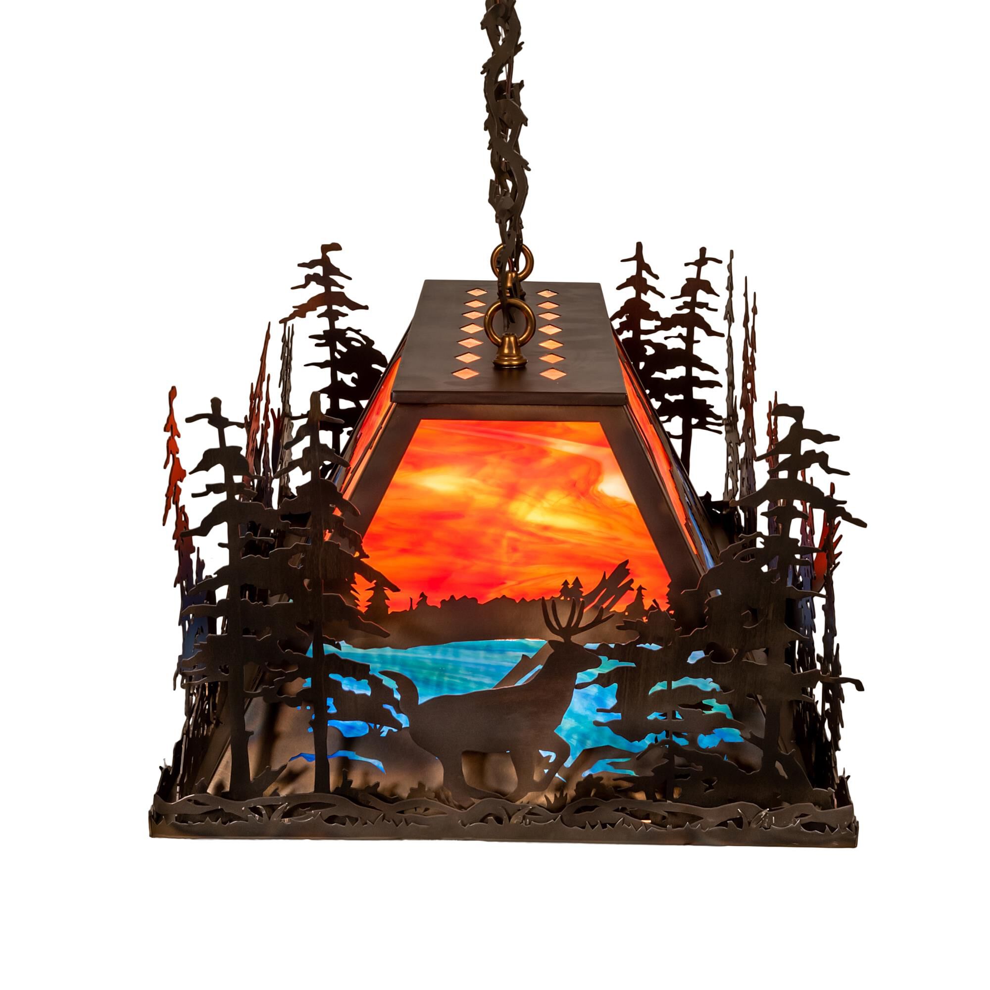 Shown in Antique Copper Finish;Burnished finish and Coral;Blue;Silver Mica glass