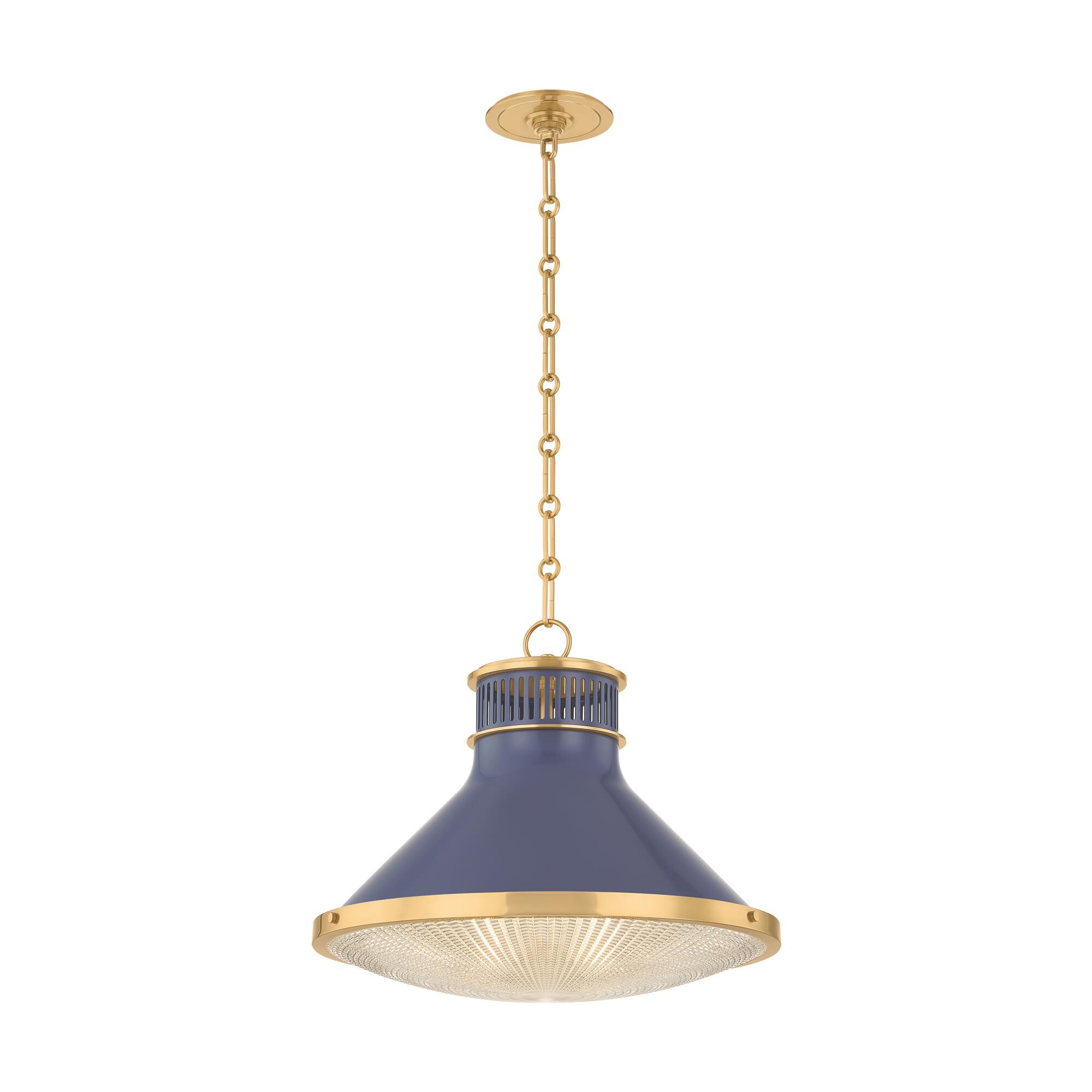 Shown in Aged Brass and Soft French Blue finish and Clear Optic glass