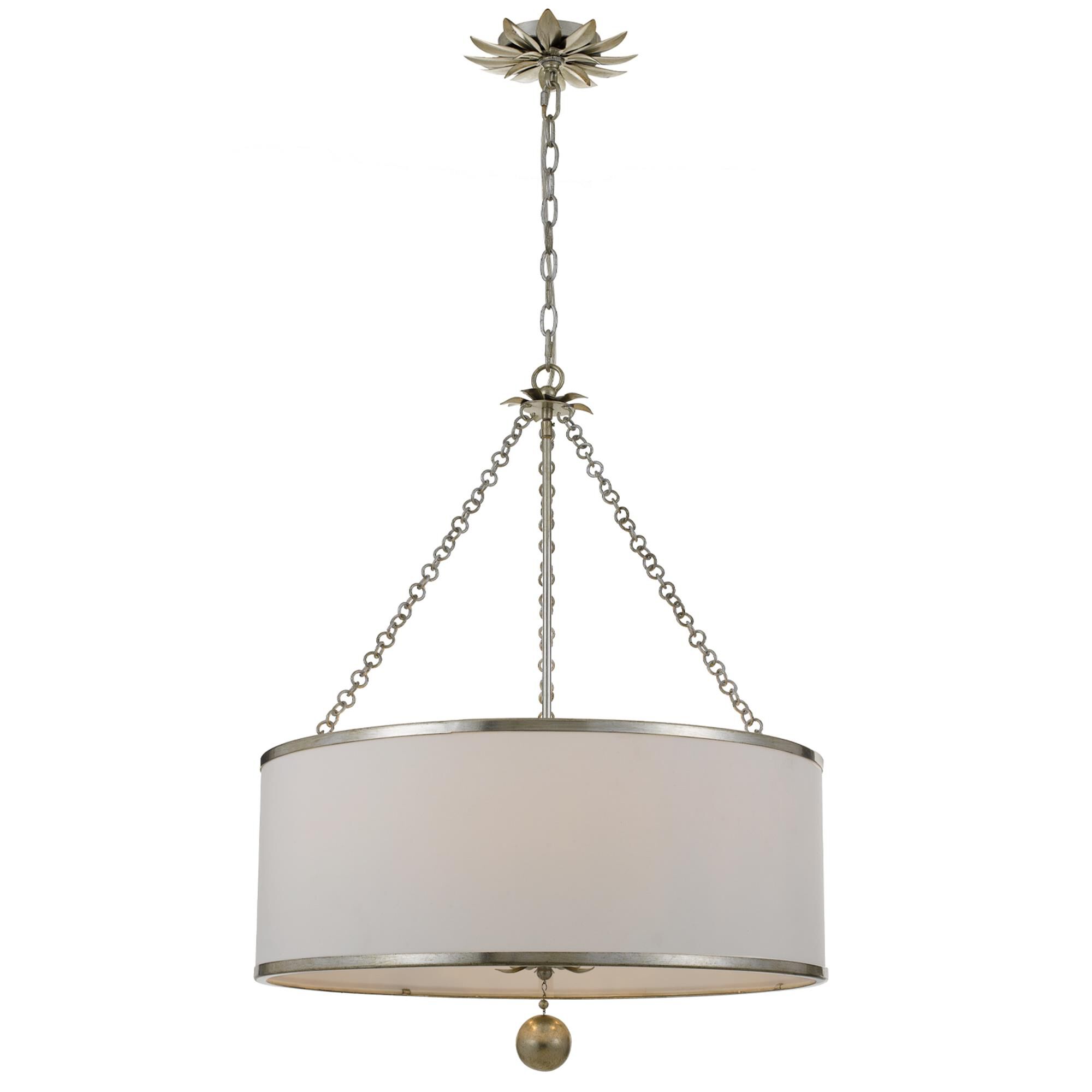 Shown in Antique Silver finish and Clear crystal and Silk glass and White shade