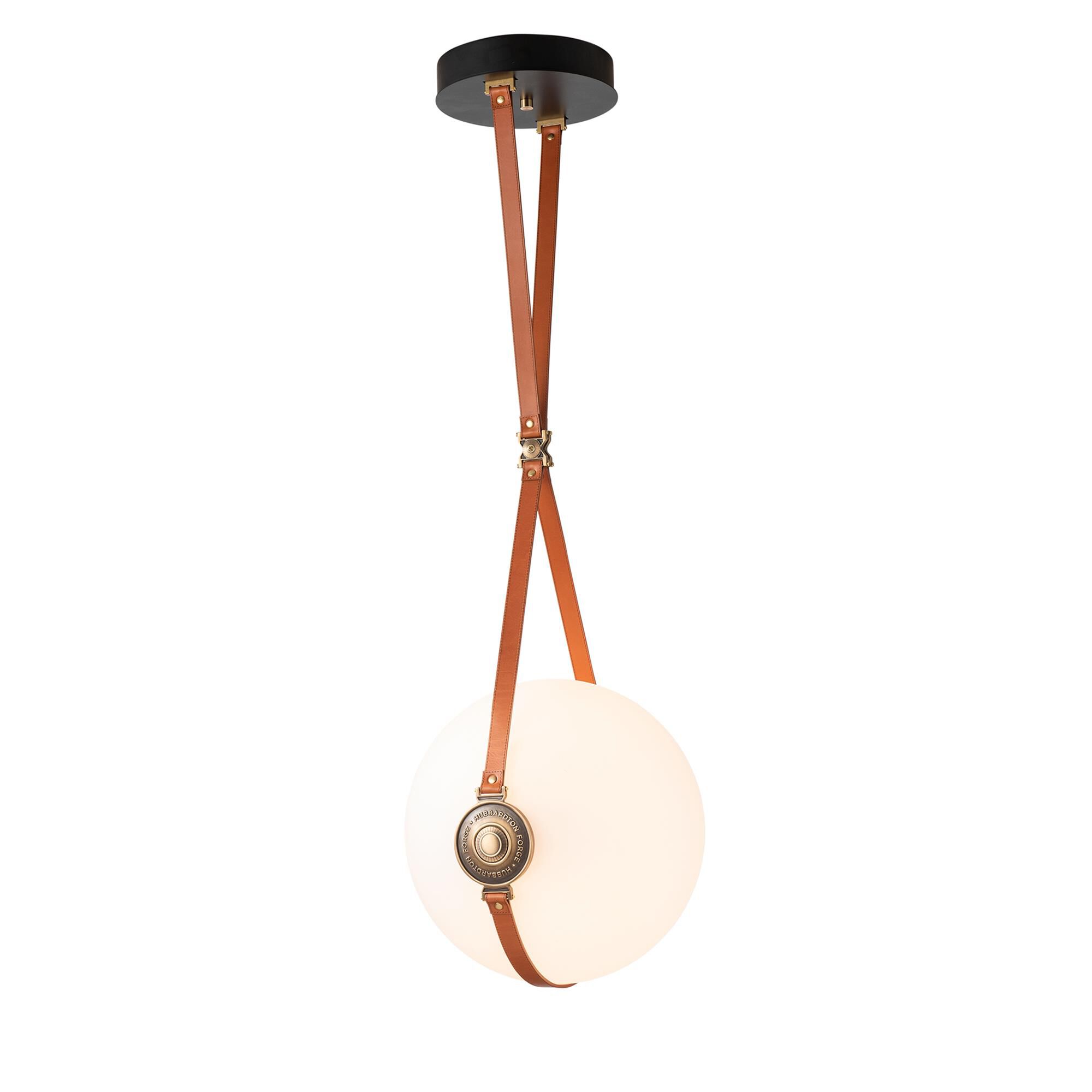 Shown in Brass with Black finish and Opal glass and Leather Chestnut accent