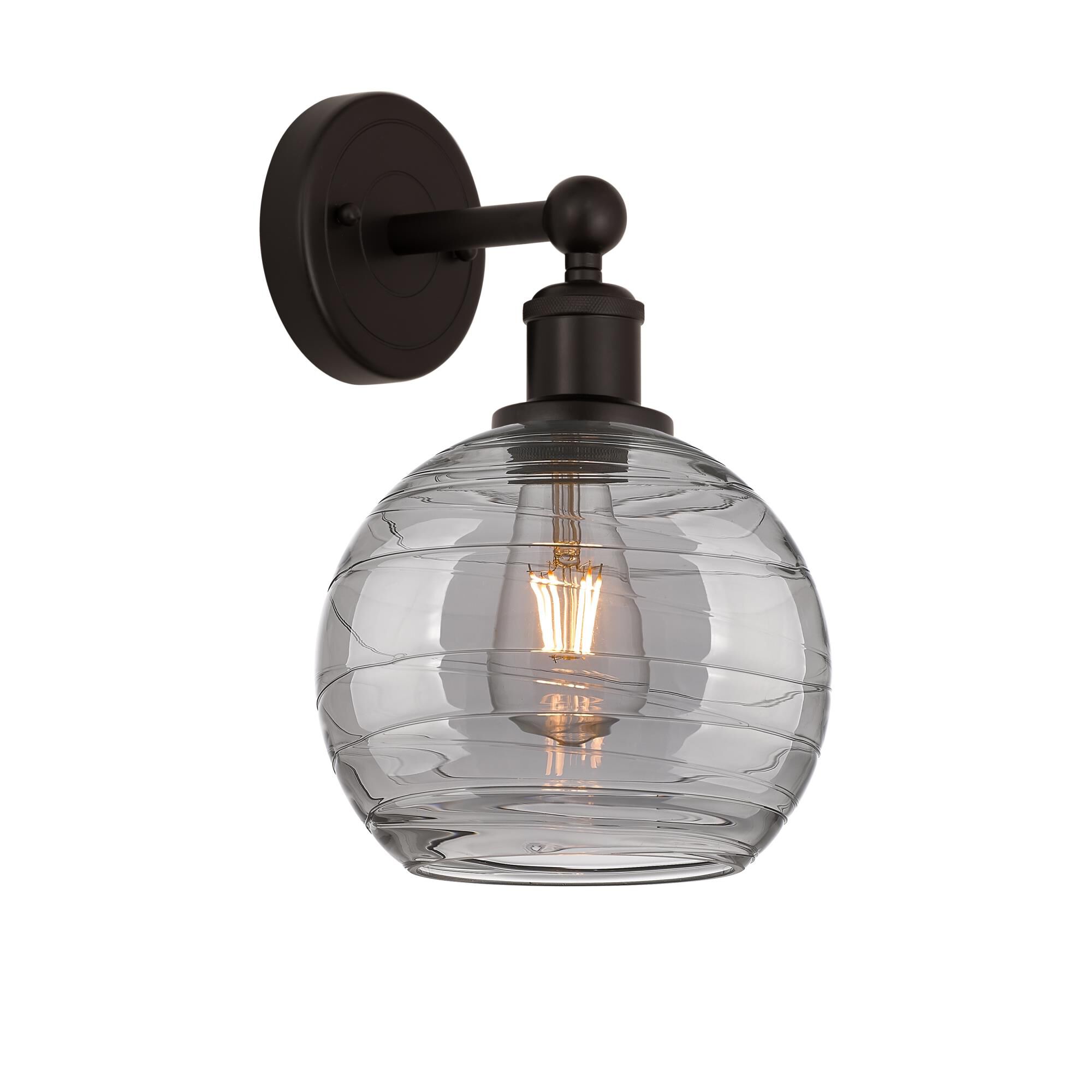 Shown in Oil Rubbed Bronze finish and Light Smoke Deco Swirl glass