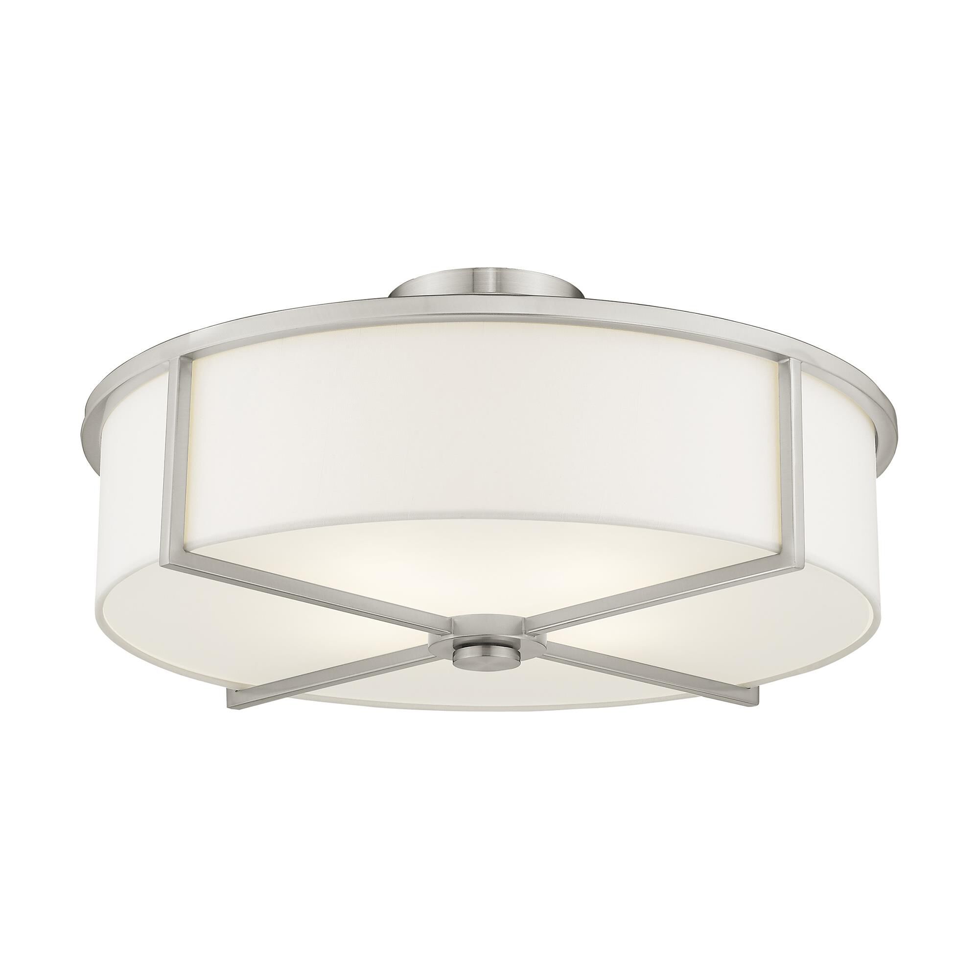 Shown in Brushed Nickel finish and Hand Crafted Off-White Fabric Hardback shade