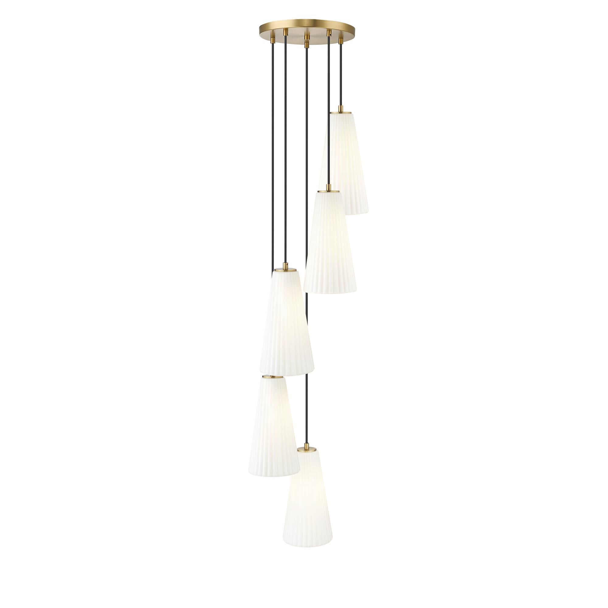 Shown in Modern Gold finish and White glass and White shade