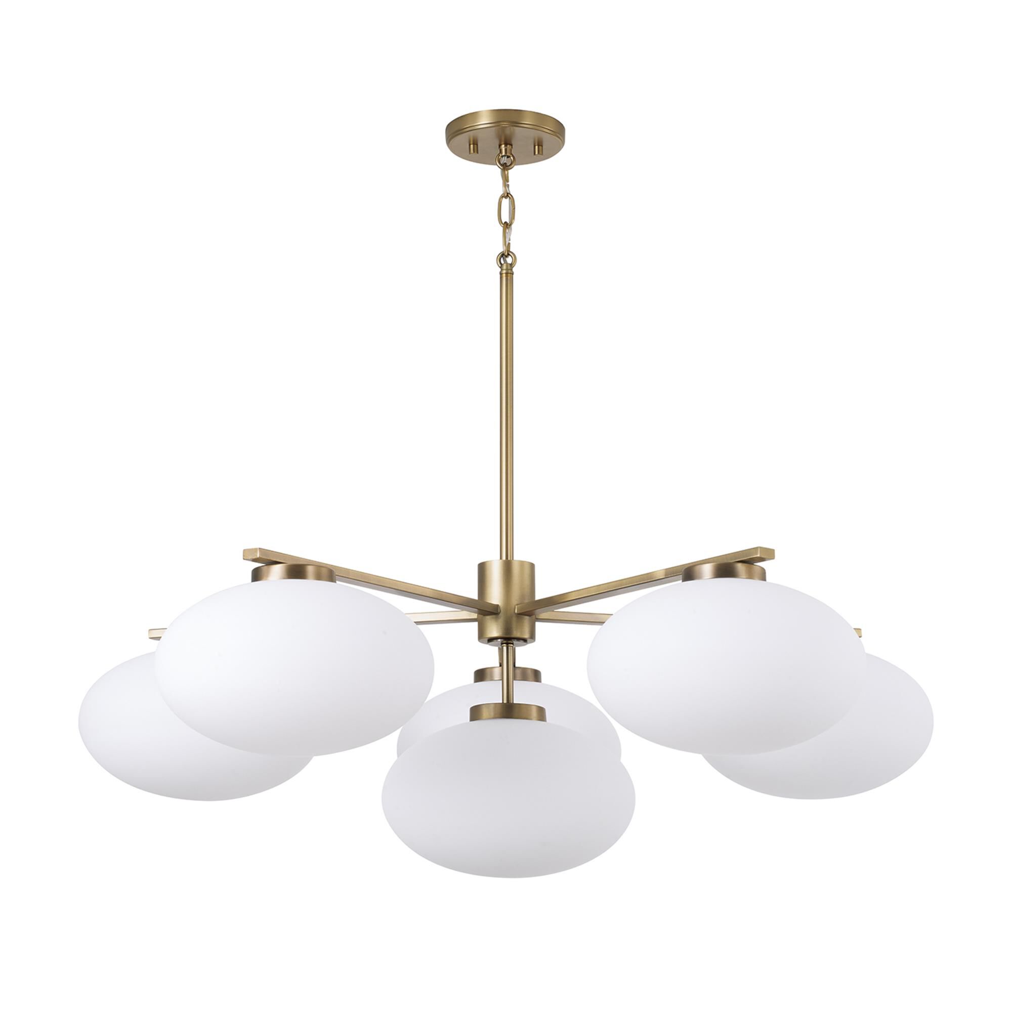 Shown in Aged Brass finish and Soft White glass