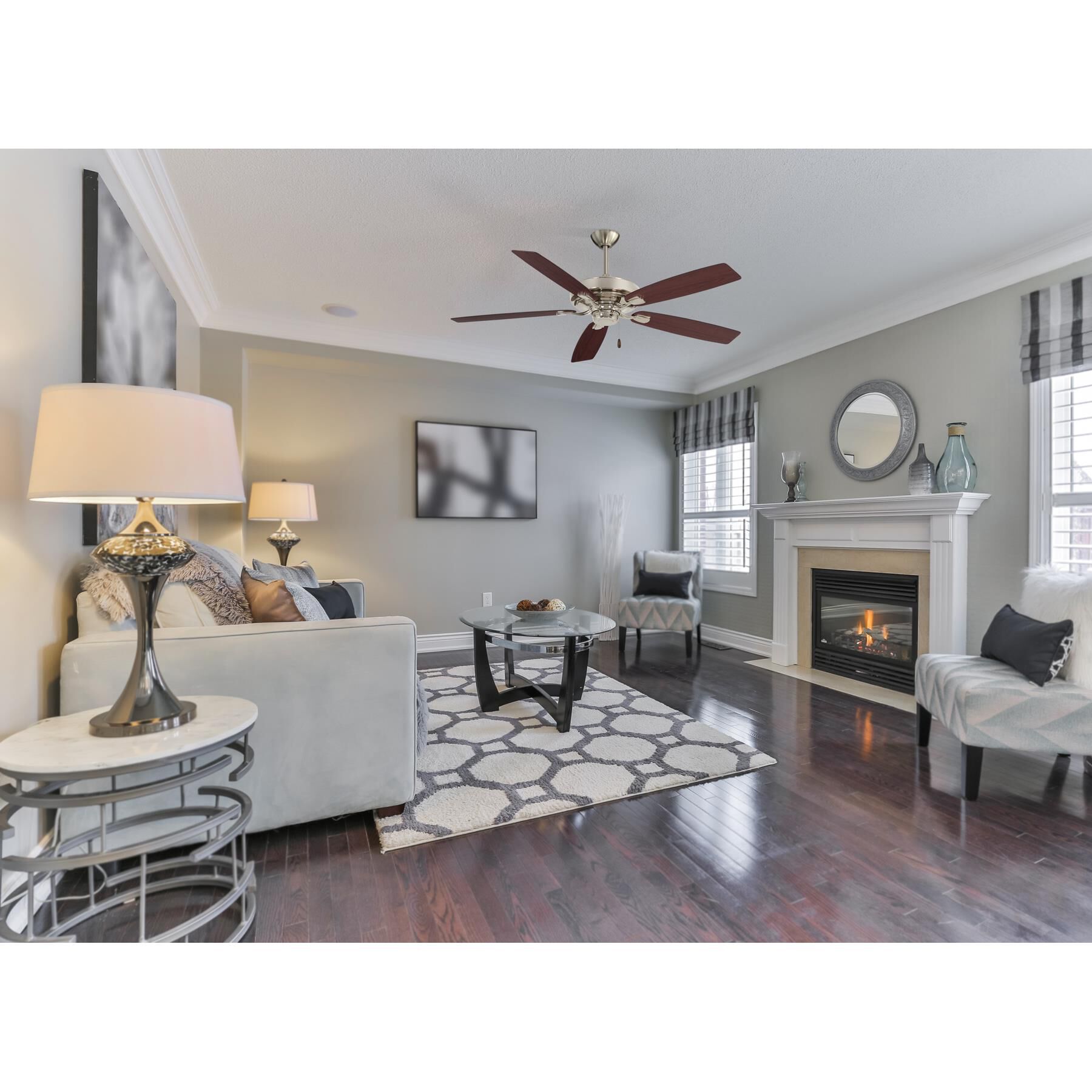 Shown in Polished Nickel finish and Polished Nickel glass and Fabric shade