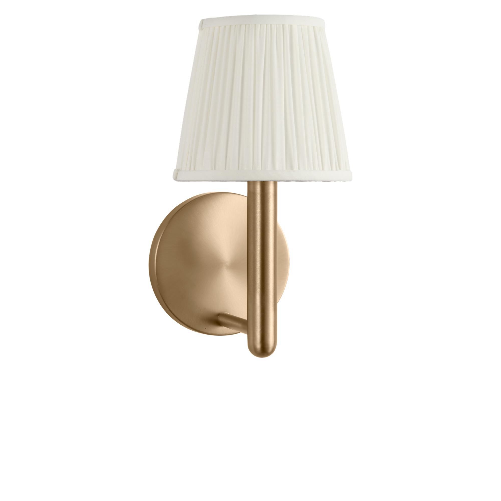 Shown in Satin Brass finish and Mushroom Pleat Fabric shade