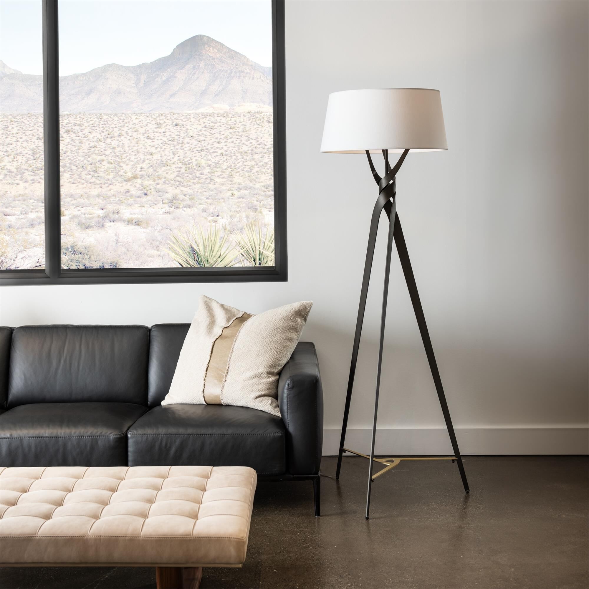 Shown in Oil Rubbed Bronze and Modern Brass finish and Natural Anna shade
