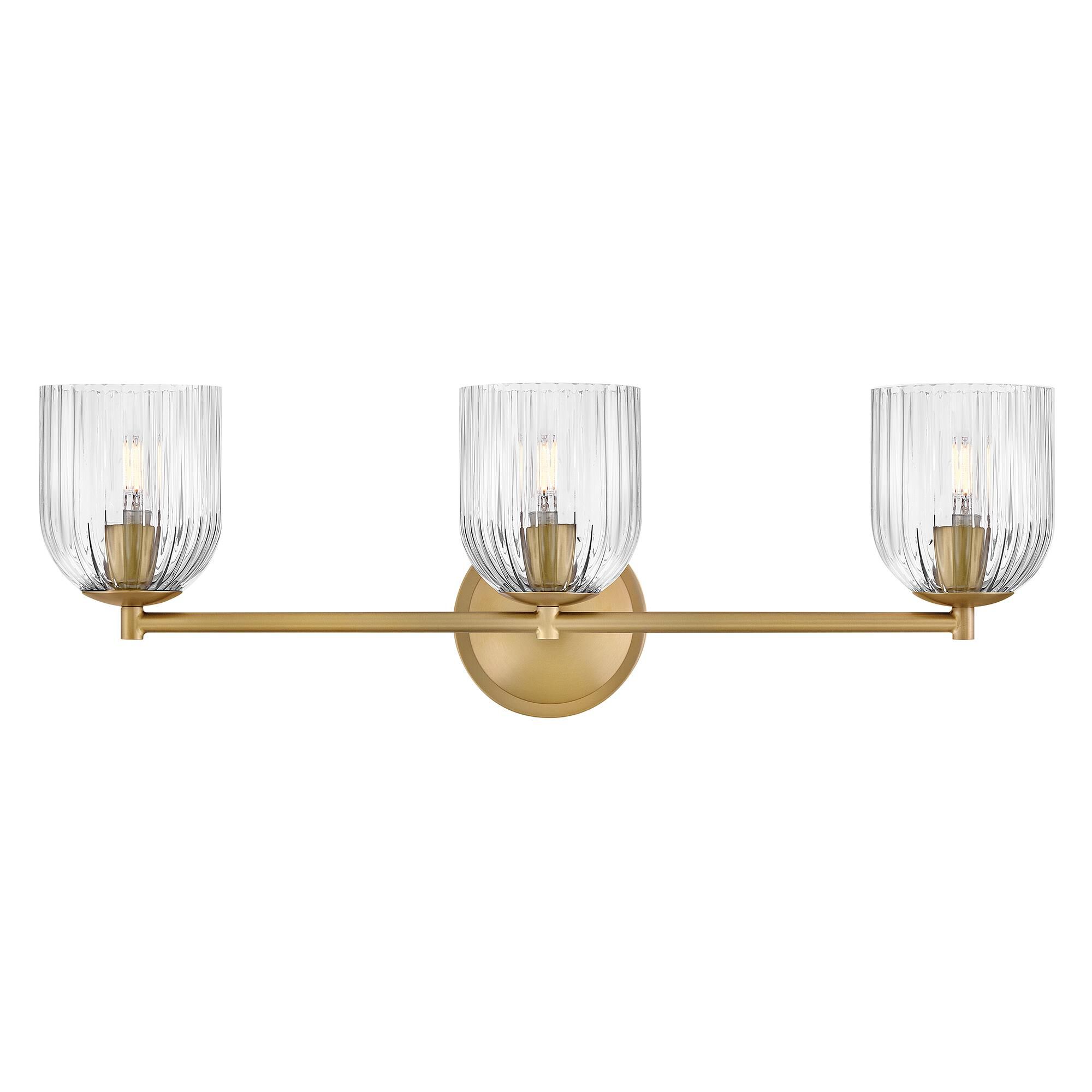 Shown in Lacquered Brass finish and Clear Ribbed glass