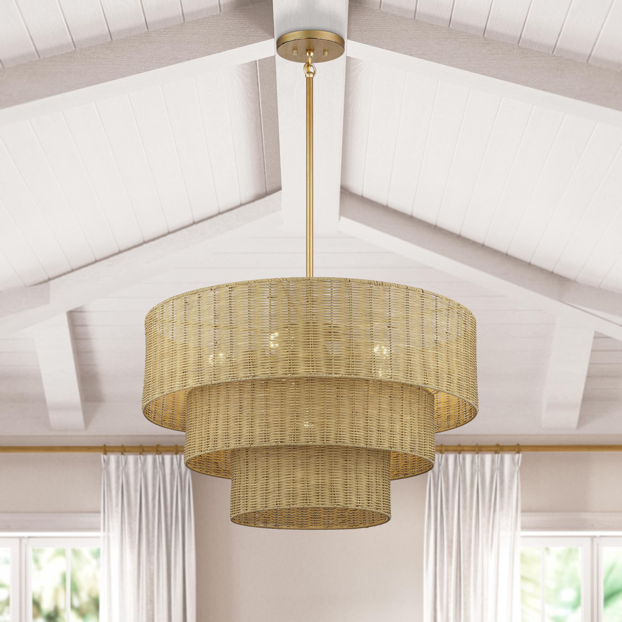 Shown in Antique Gold Leaf finish and Hand-Woven Rustic Walnut Color Rattan shade