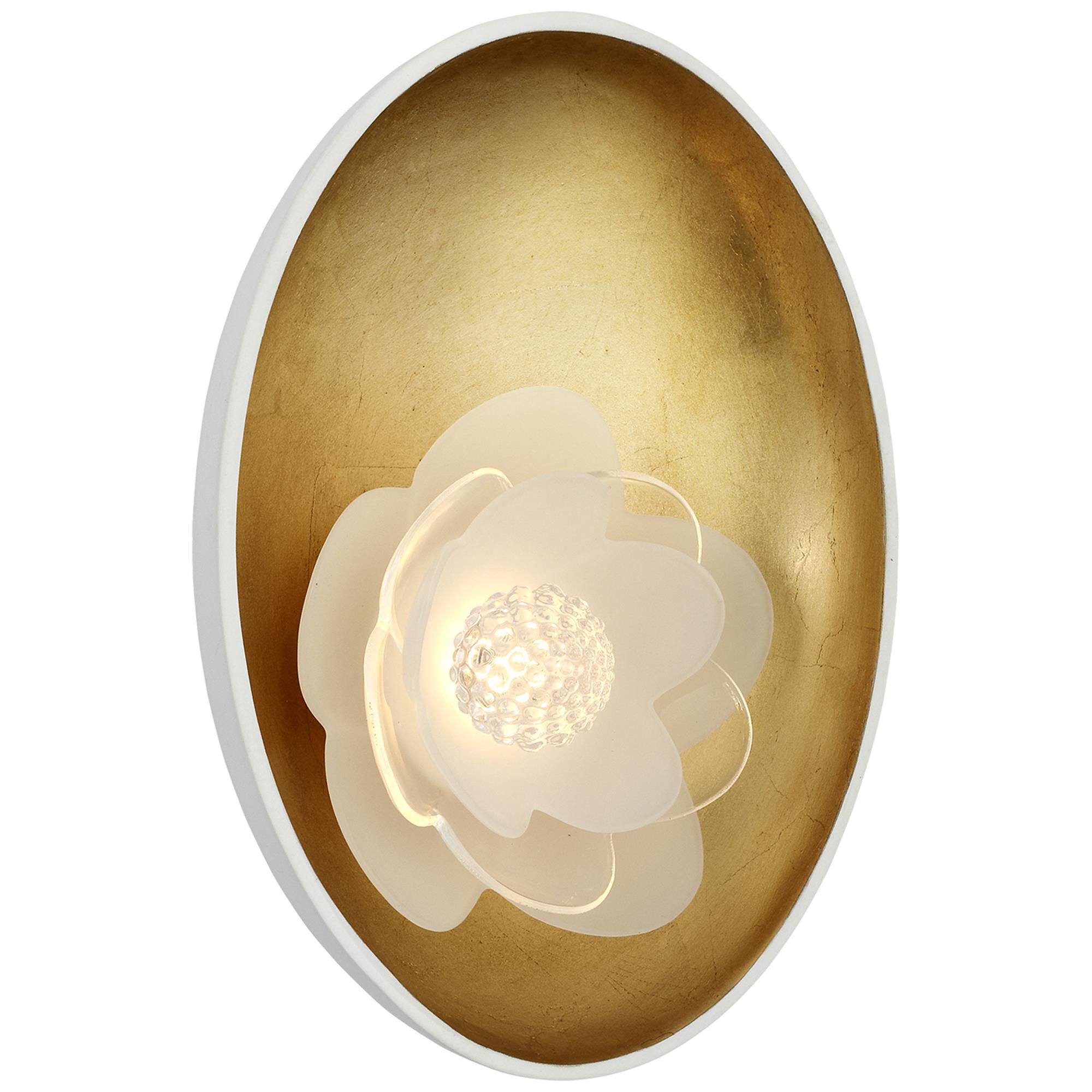 Shown in Matte White and Gild finish and Etched and Clear Flower glass