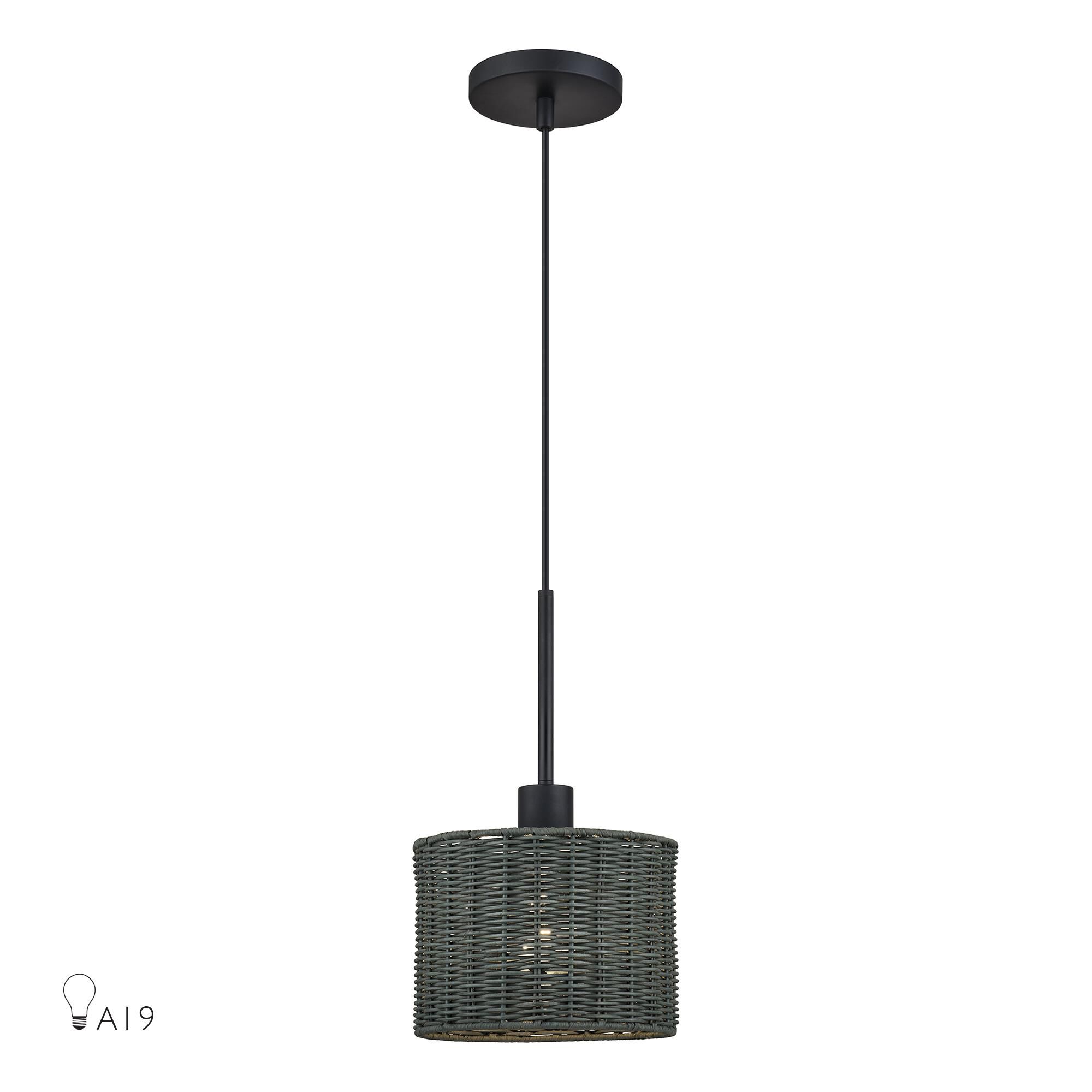 Shown in Black finish and Hand-Woven Charred Gray Color Rattan shade