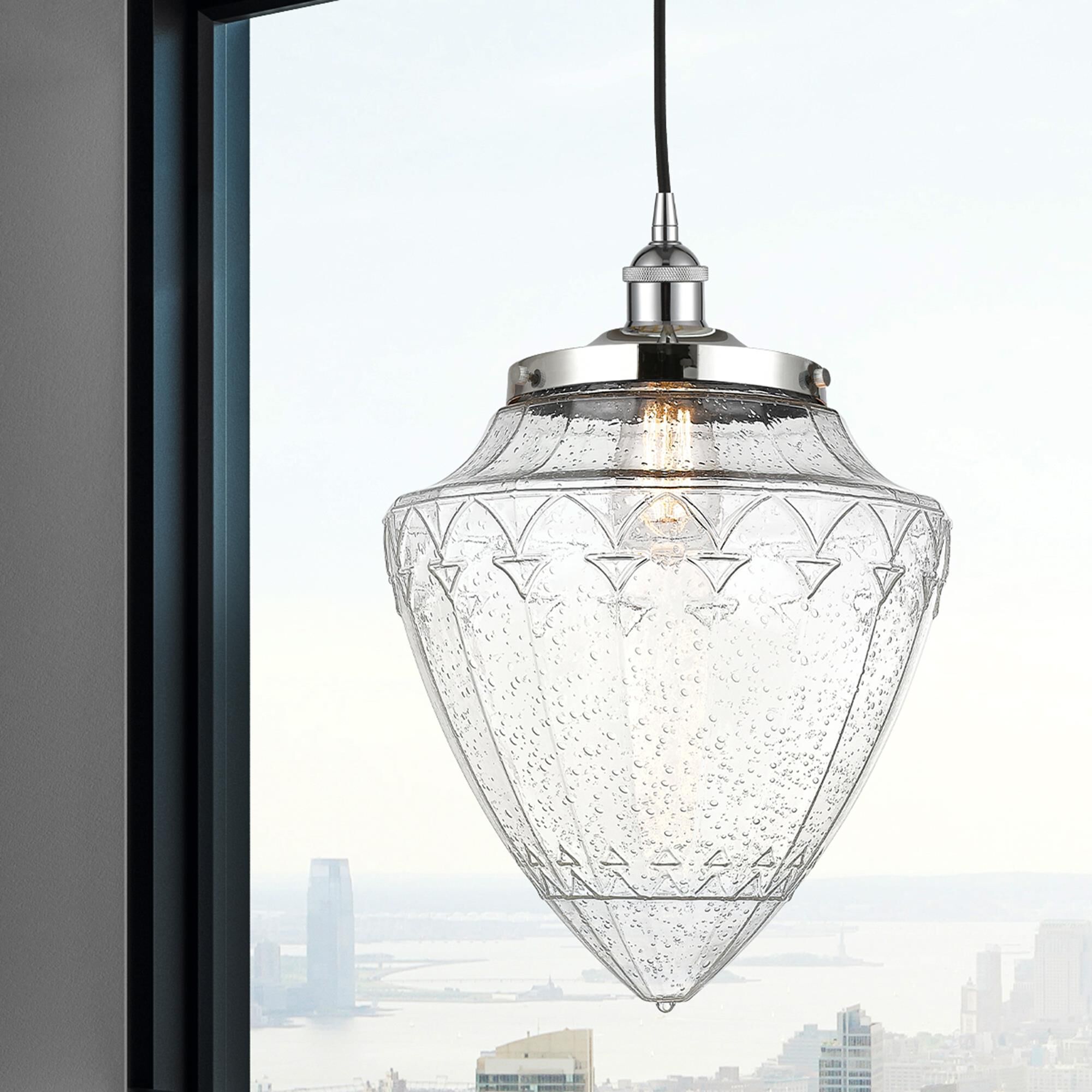 Shown in Polished Chrome finish and Seedy glass